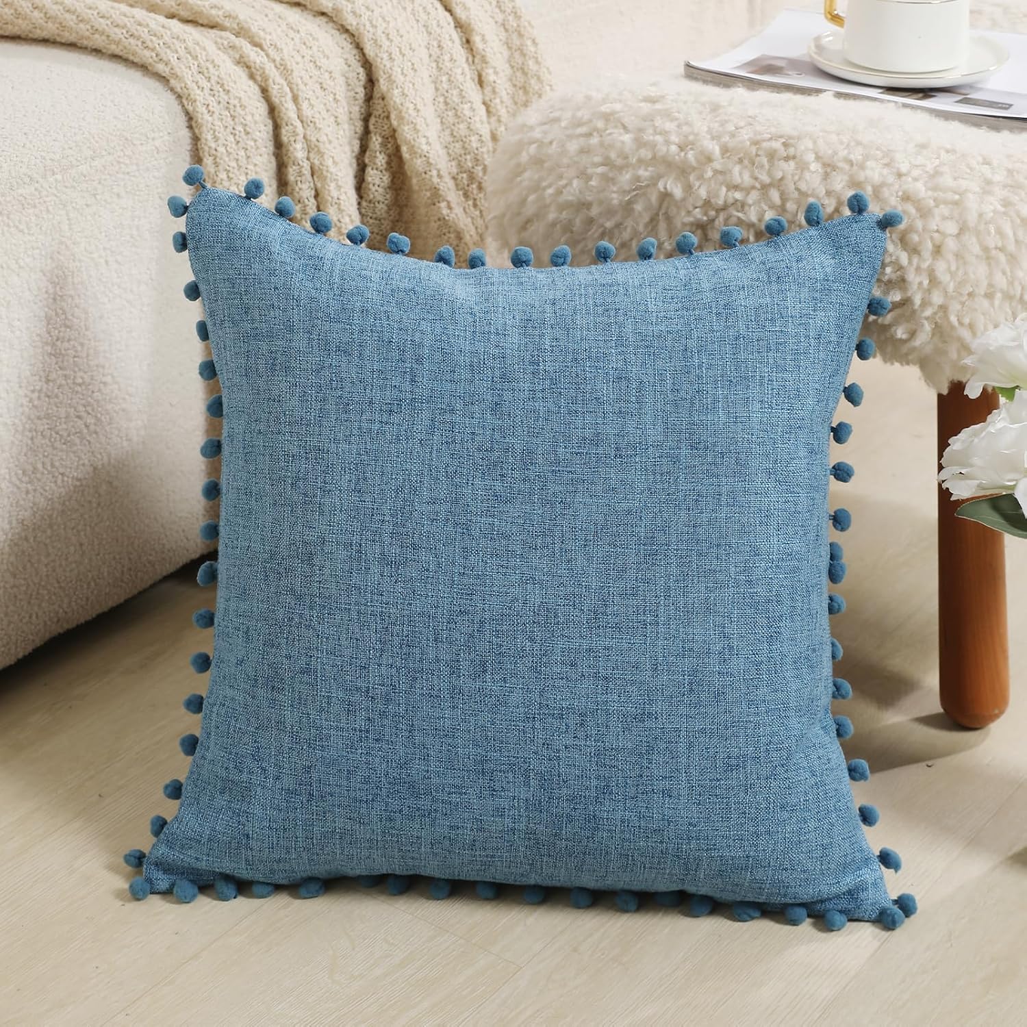 Juego de 2 fundas de almohada de lino de 20 x 20 pulgadas, de arpillera, estilo bohemio, decorativas, clásicas, cuadradas con borlas de pompones