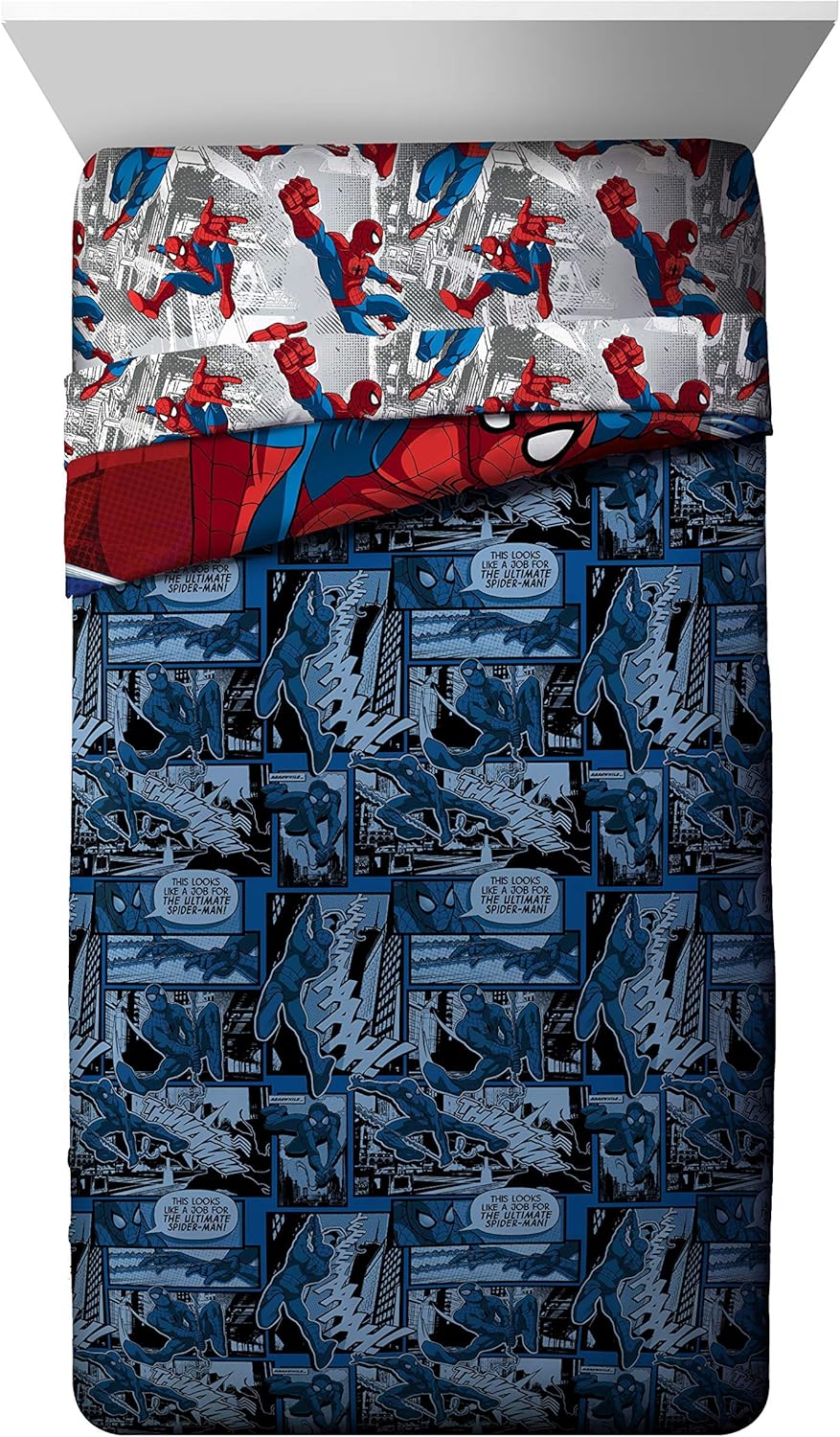 Jay Franco Spiderman Burst and Spidey Faces – Juego de ropa de cama matrimonial de 10 piezas