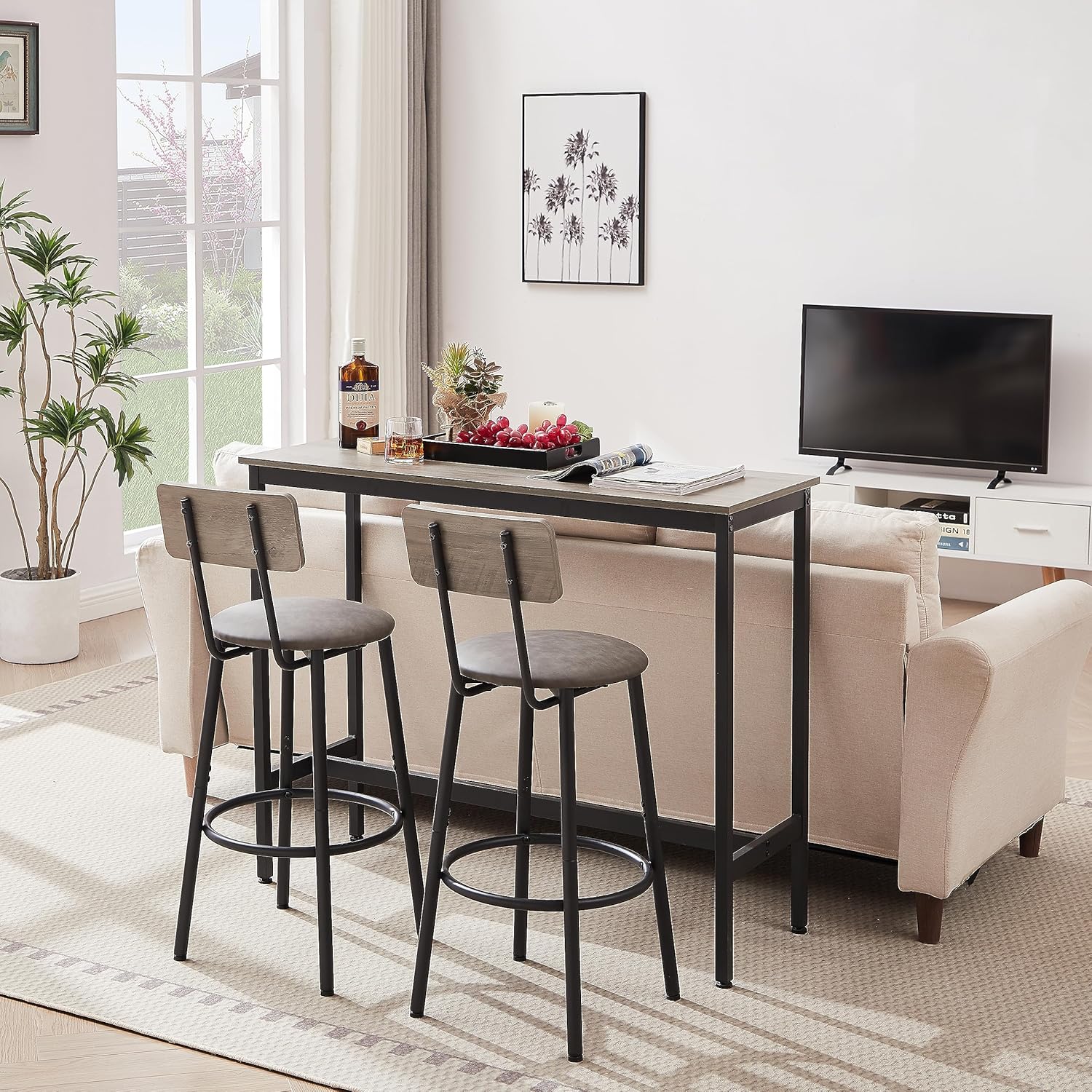 Juego con 2 taburetes de bar PU asiento suave con respaldo y reposapiés, sala de estar, comedor y espacios pequeños, fácil de montar, gris, mesa y