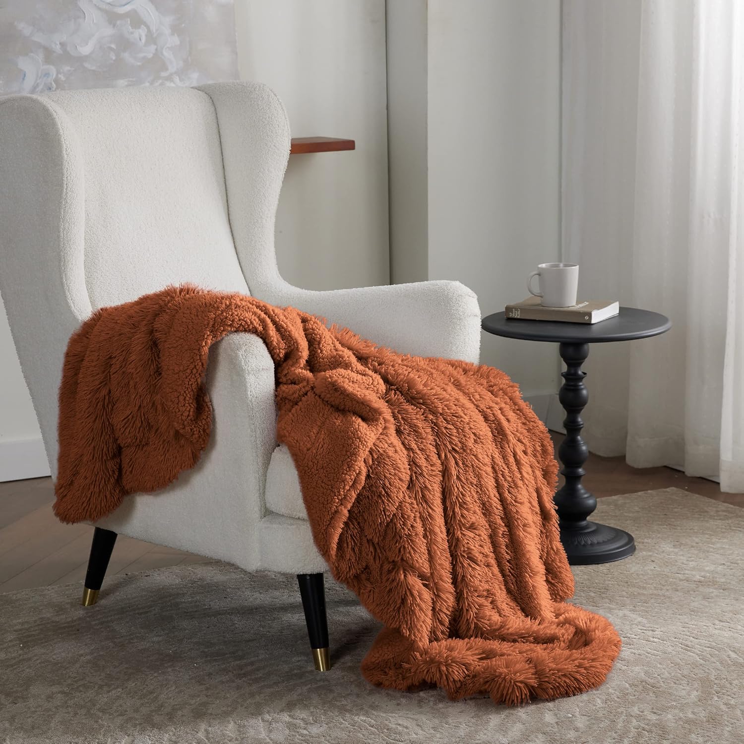 Bedsure – Manta de piel sintética color naranja quemado, mullida, esponjosa y lanuda de piel sintética, sherpa suave y gruesa, de teñido anudado,