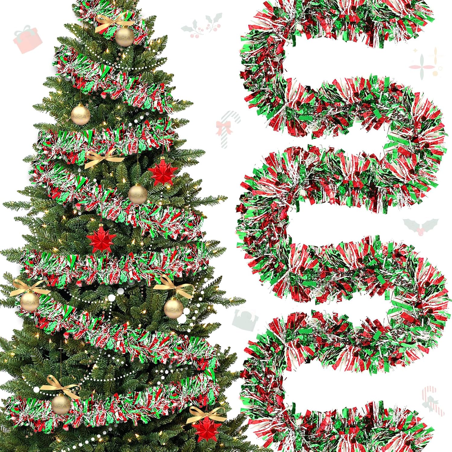 Guirnalda de oropel de Navidad de 118 pies con brillantina, guirnalda metálica para árbol de Navidad, guirnalda colgante de techo brillante para