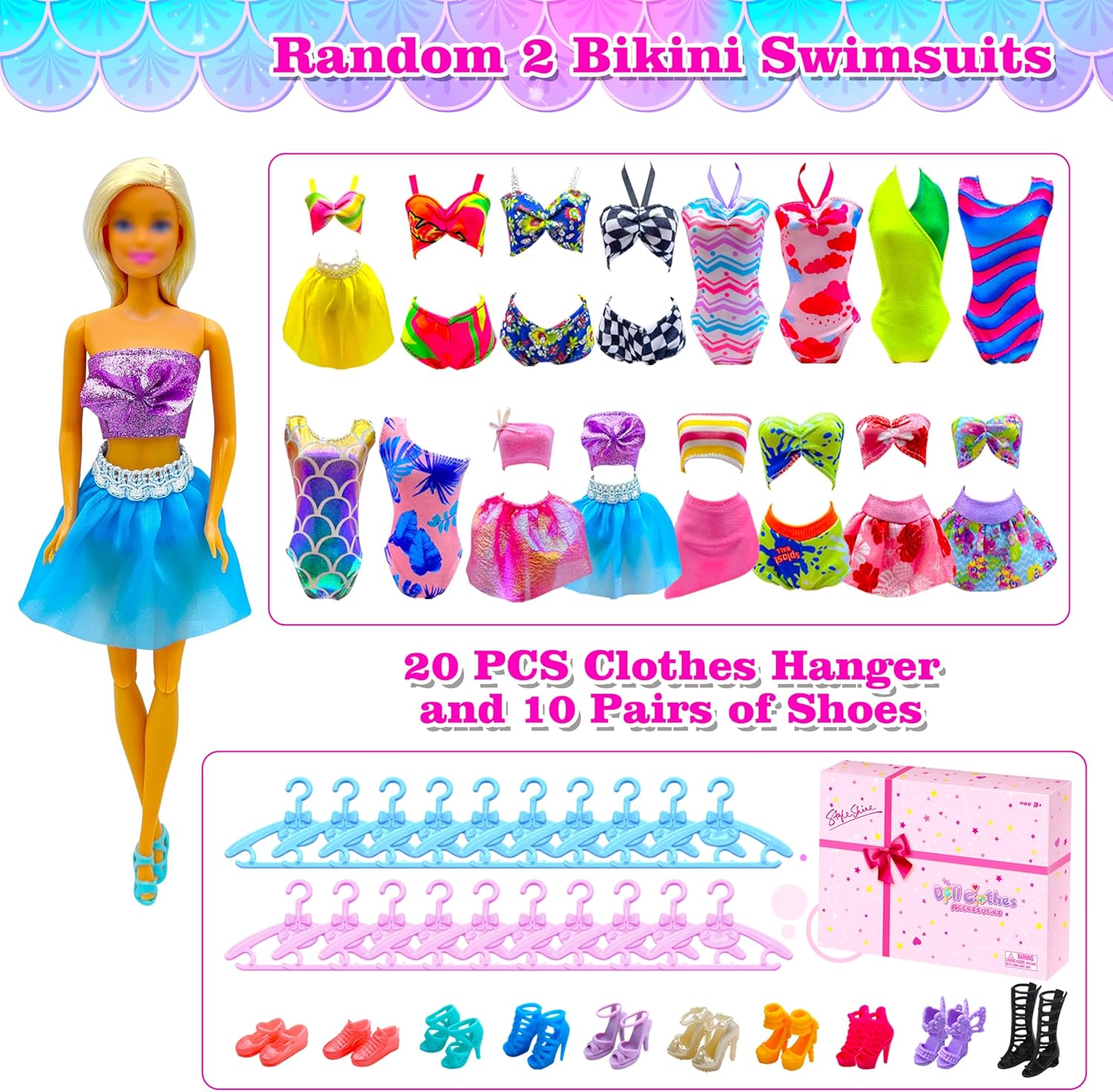 Style Shine Paquete de 50 ropa y accesorios para muñecas, 4 vestidos de boda, 2 vestidos de noche, 6 vestidos de moda, 6 conjuntos de trajes