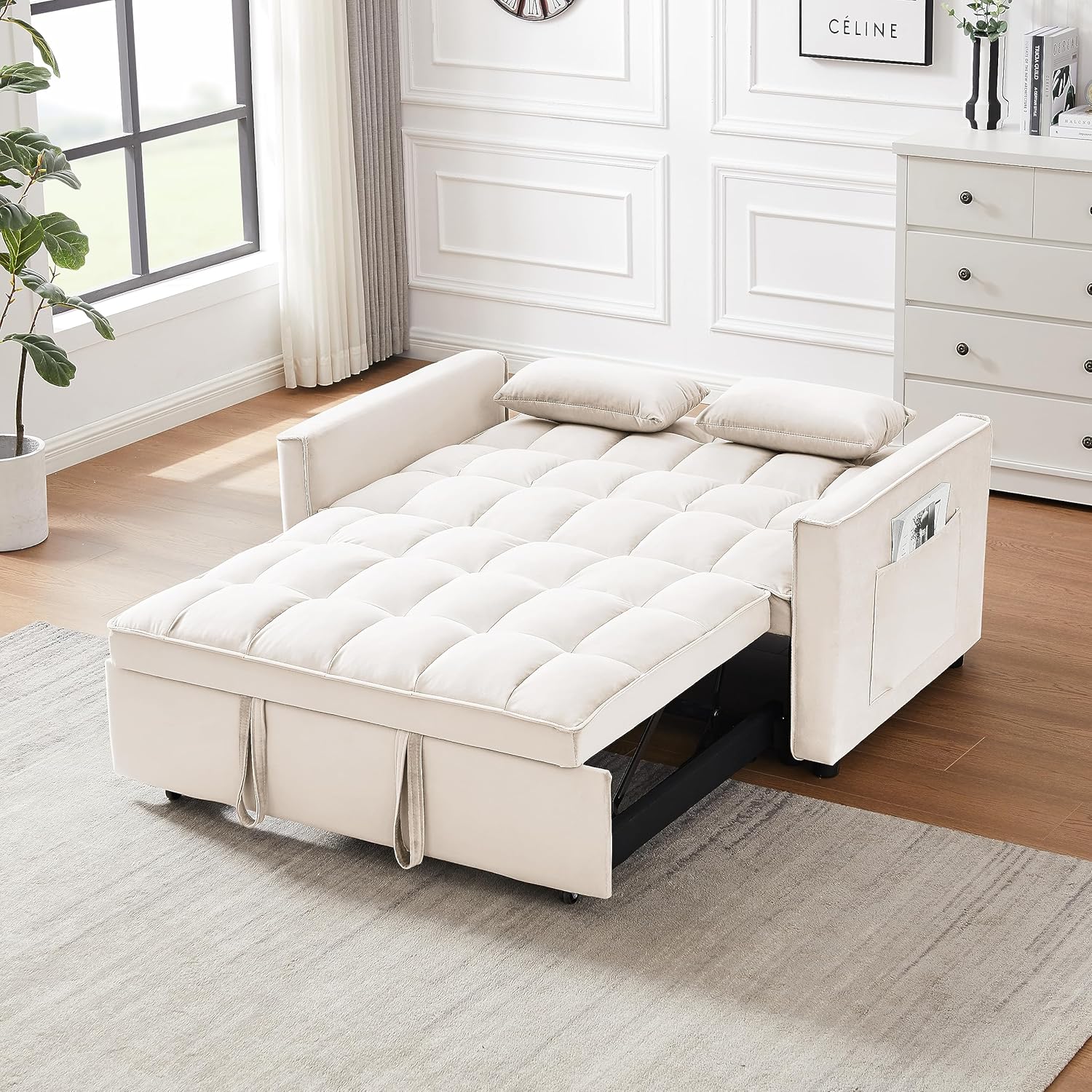 Sofá cama convertible 3 en 1, moderno sofá biplaza futón, cama extraíble, sofá de dos plazas tapizado de terciopelo pequeño con respaldo reclinable,