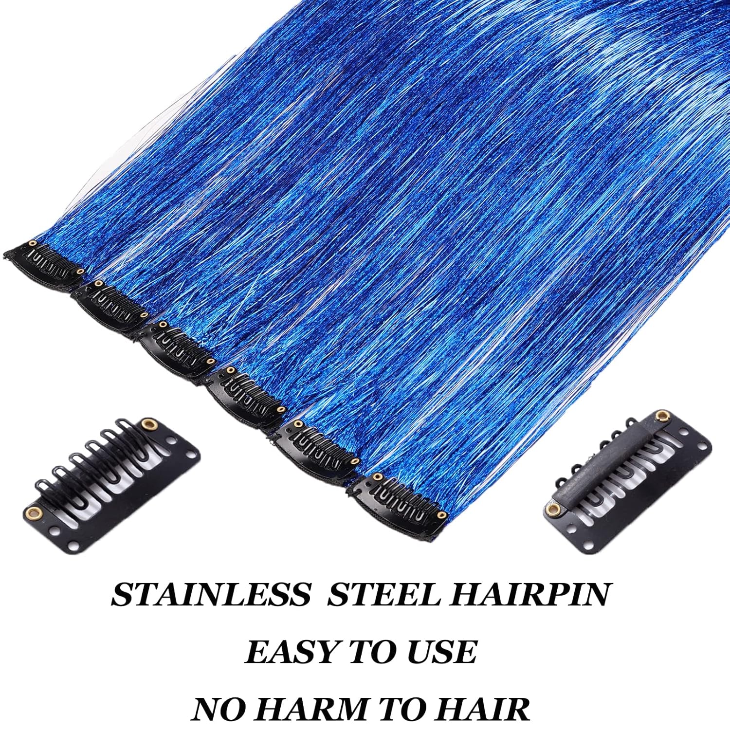 Pelo de oropel azul cielo de 24 pulgadas, resistente al calor, con clips, extensiones de oropel con purpurina, para Navidad, Año Nuevo, muy lindo