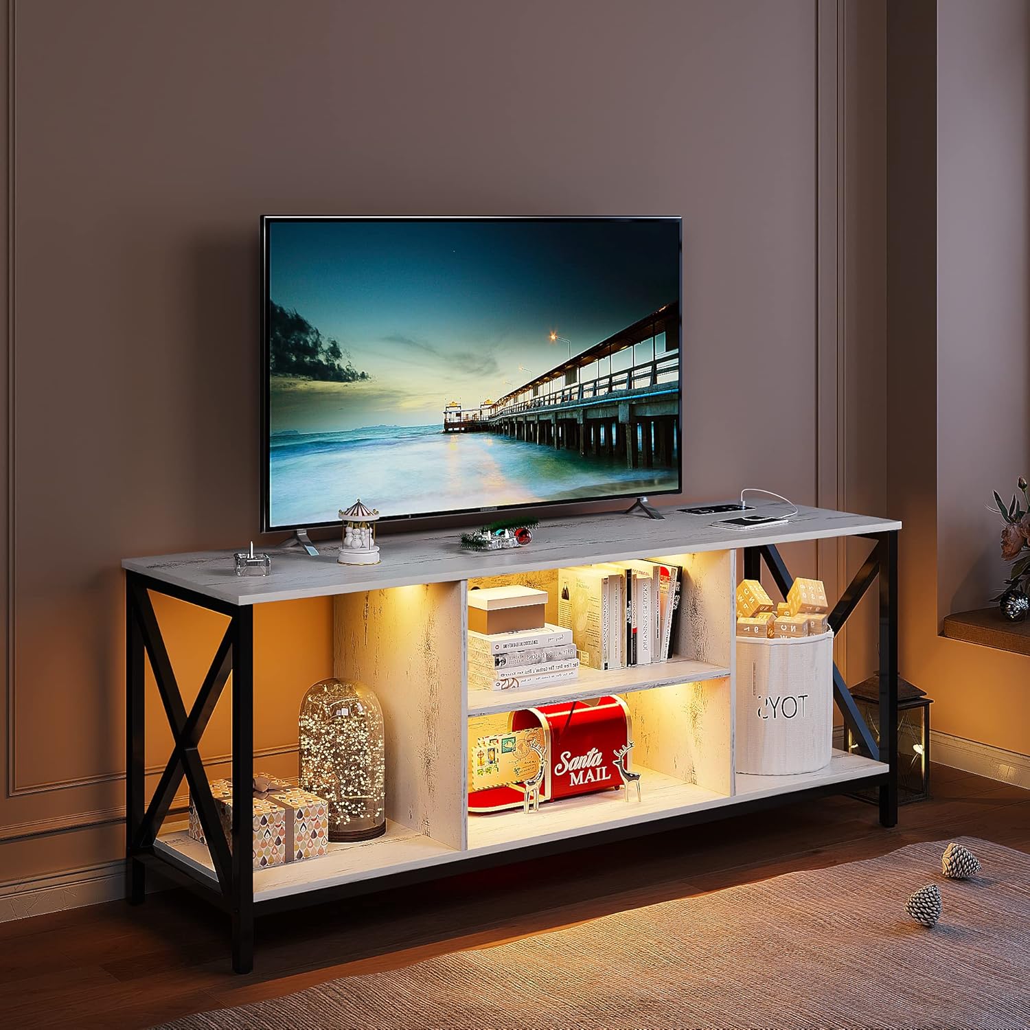 HNEBC Soporte de TV LED blanco con estación de carga USBinalámbrica, soportes de televisión con inducción automáticaluces LED ajustables, soporte de