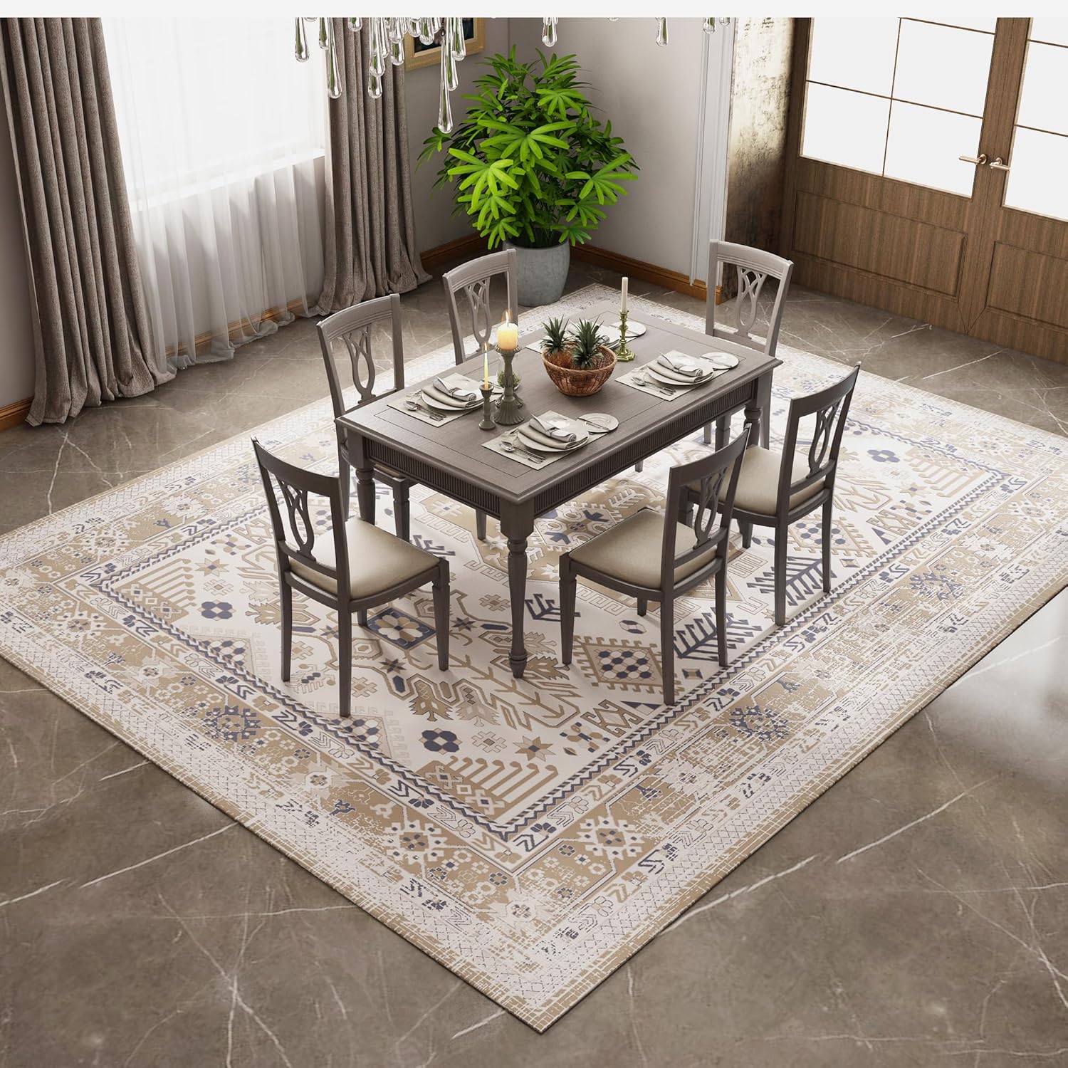 CHOSHOME Alfombra lavable de 5 x 7 pies para sala de estar, alfombra de interior estilo rústico vintage para dormitorio, comedor y oficina, no