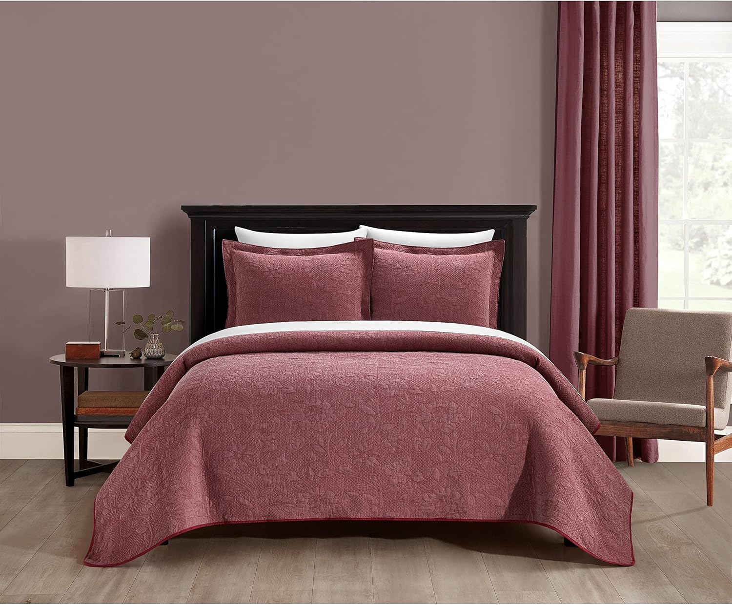 New York & Company Austin 3 Piece Cotton Blend Quilt Set Stone Washed Textured Floral Pattern Bedding – Pillow Shams Included, Queen, Grey