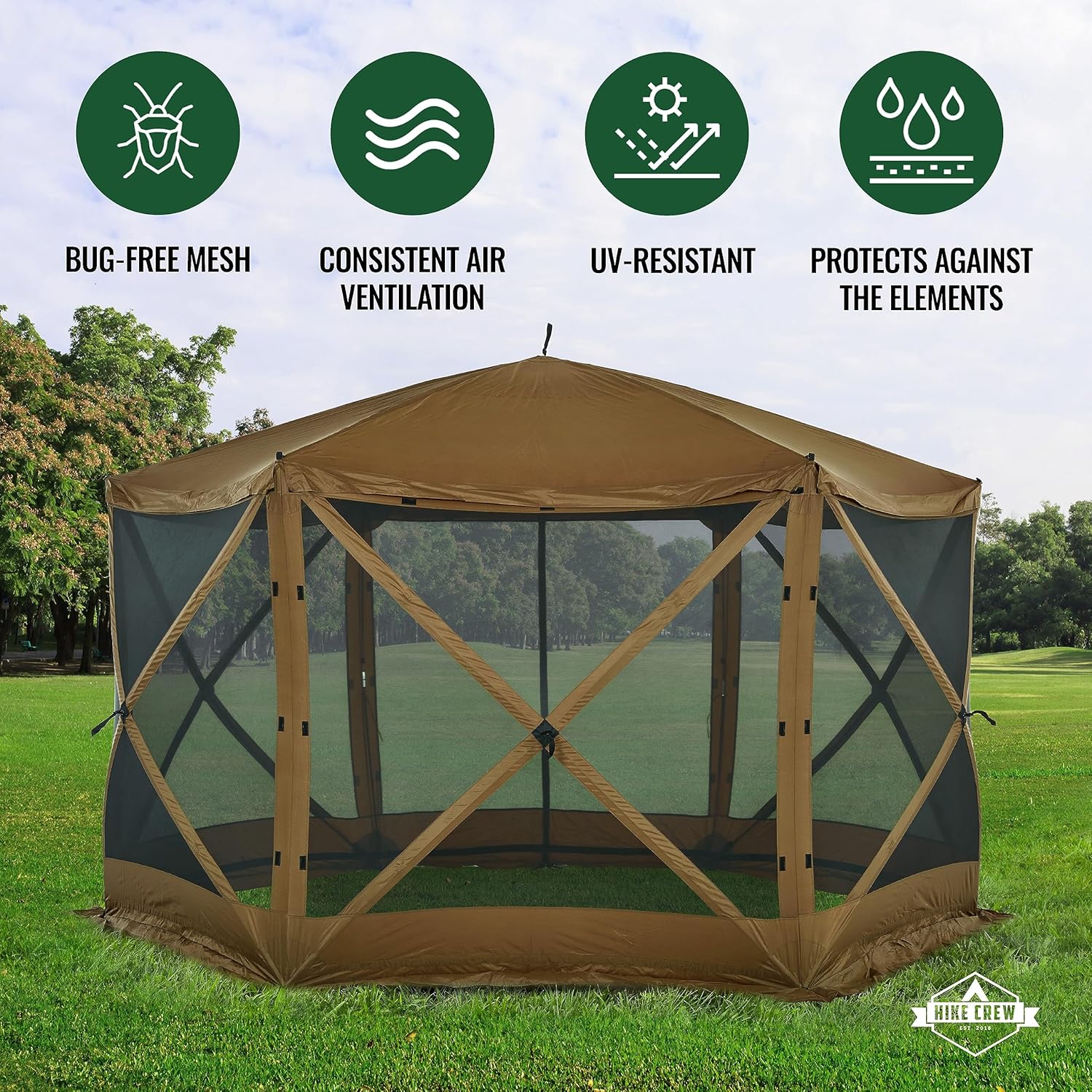 Hike Crew Tienda de campaña de 12 x 12 pies  Refugio instantáneo de 6 lados para exteriores con estacas, cuerdas y bolsa de transporte para