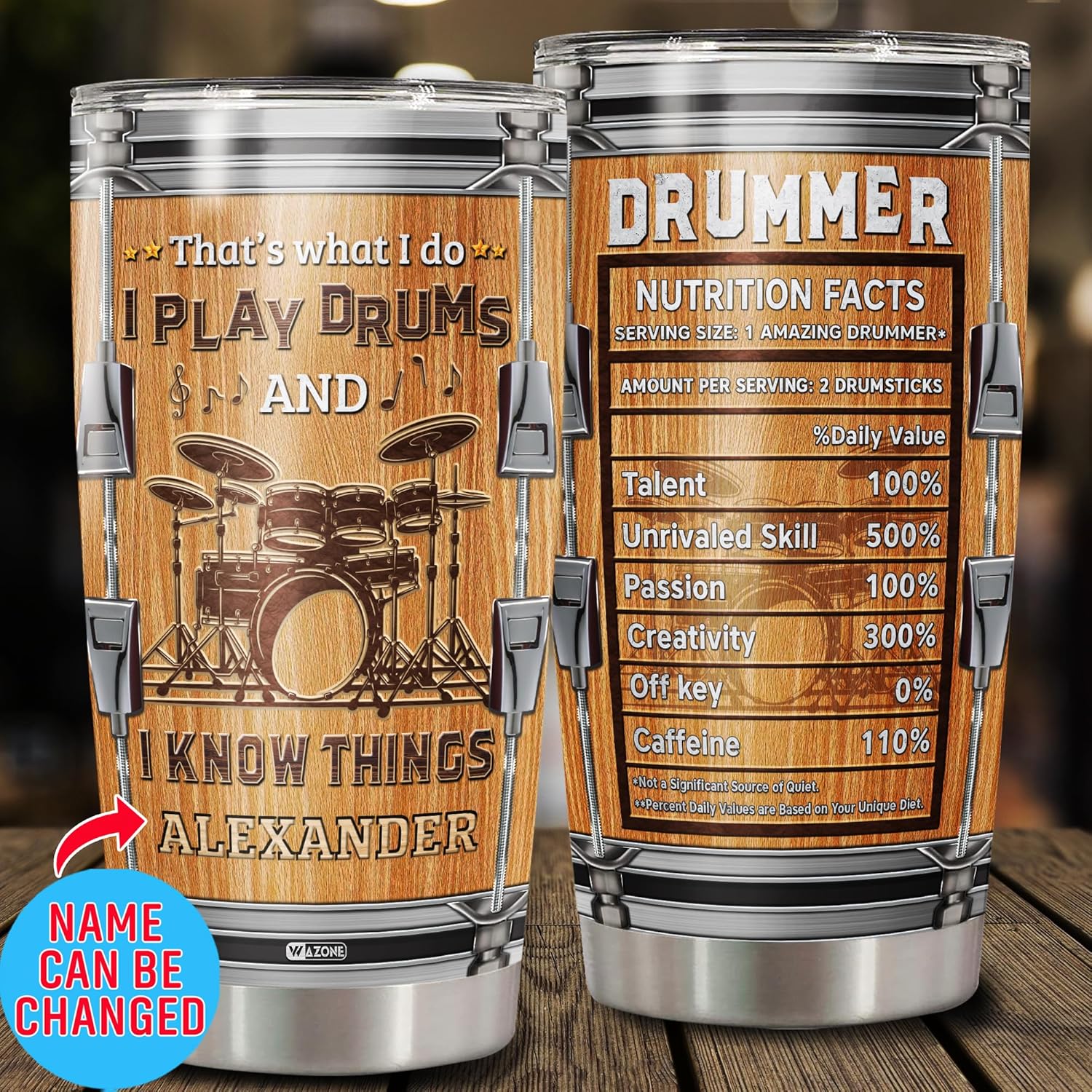 Vaso de acero inoxidable personalizado con datos nutricionales de baterista, 20 onzas, 30 onzas, nombre personalizado, con texto “I Play Drums And I