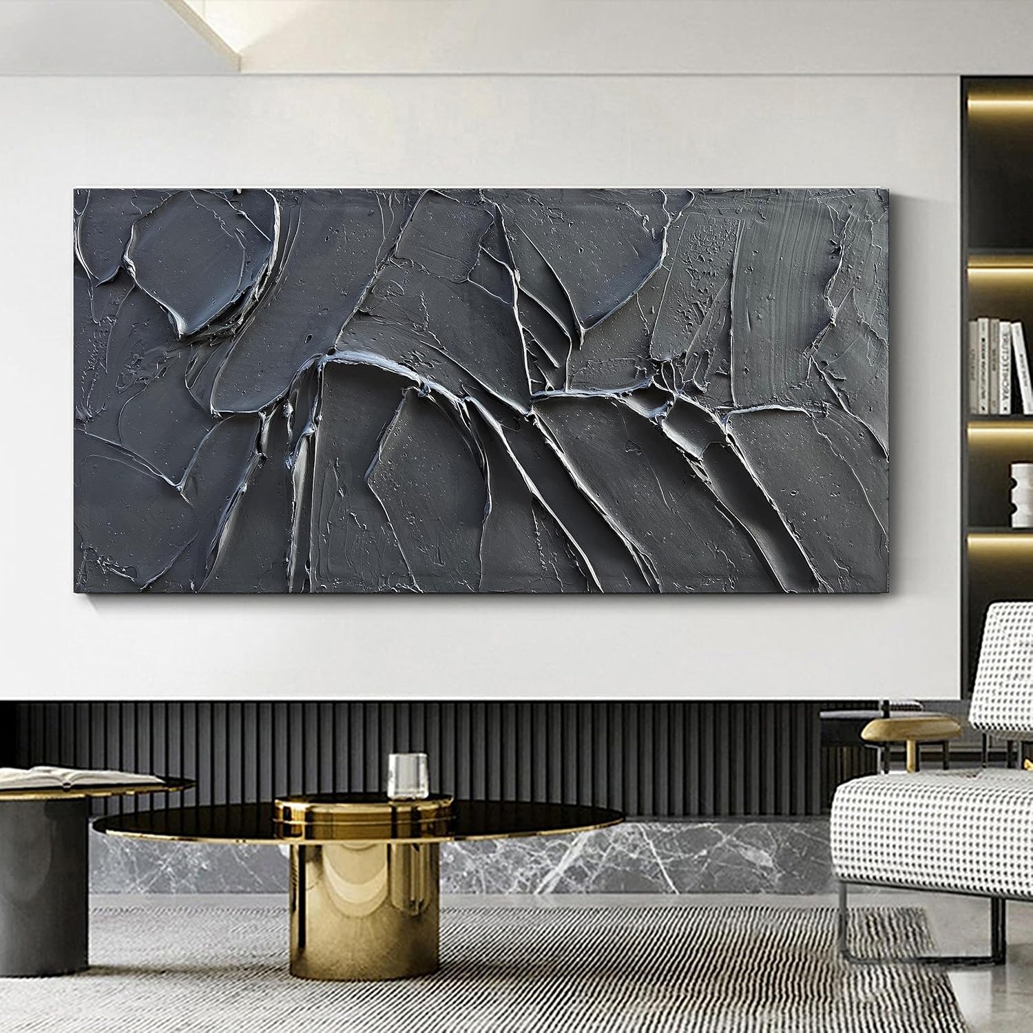 NANKAI Pintura al óleo minimalista negra de textura gruesa pintada a mano, 30 x 60 pulgadas, arte contemporáneo grande, pintura al óleo, hogar,