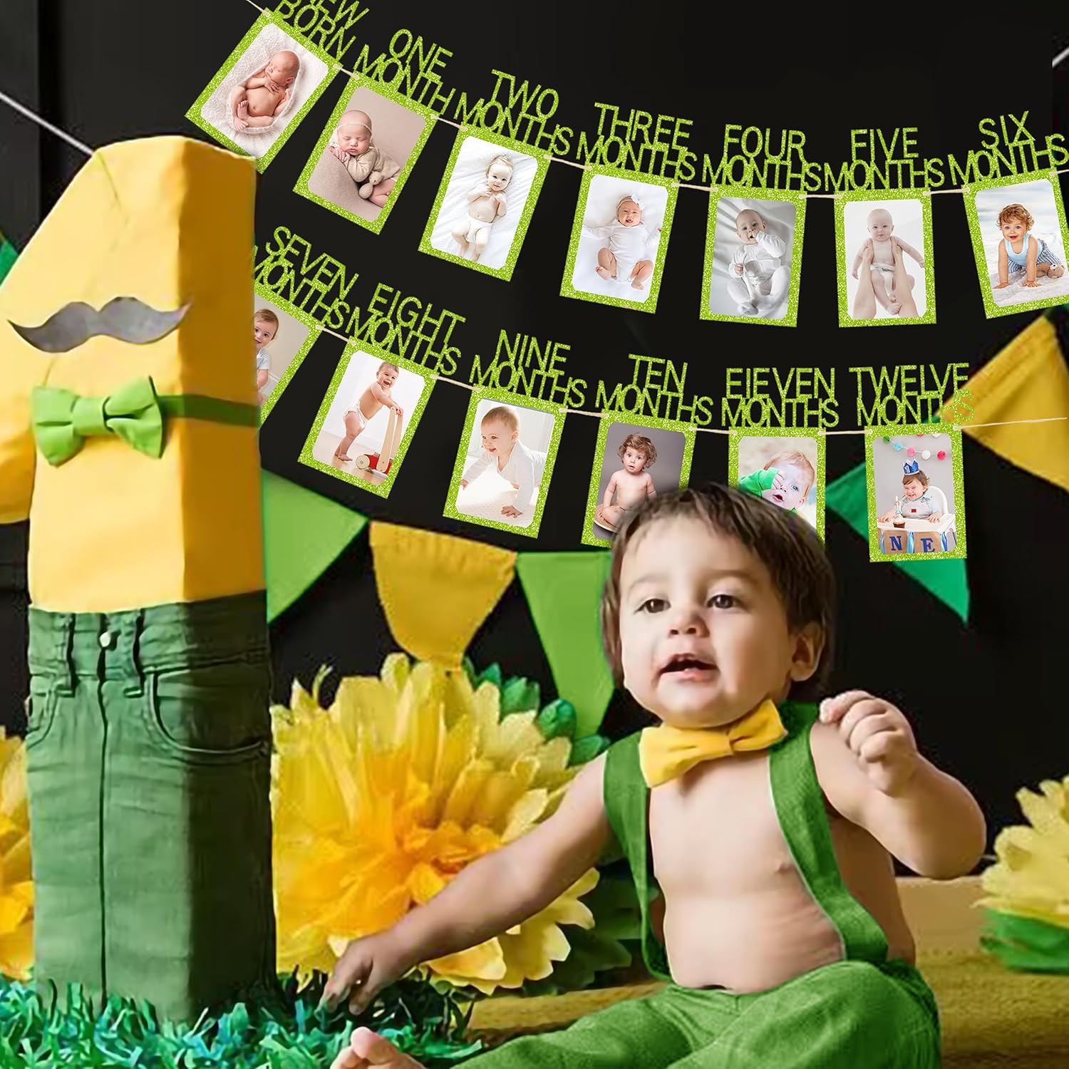 Cartel de fotos de primer cumpleaños para decoración de bebé verde desde recién nacido hasta 12 meses niño niña salvaje