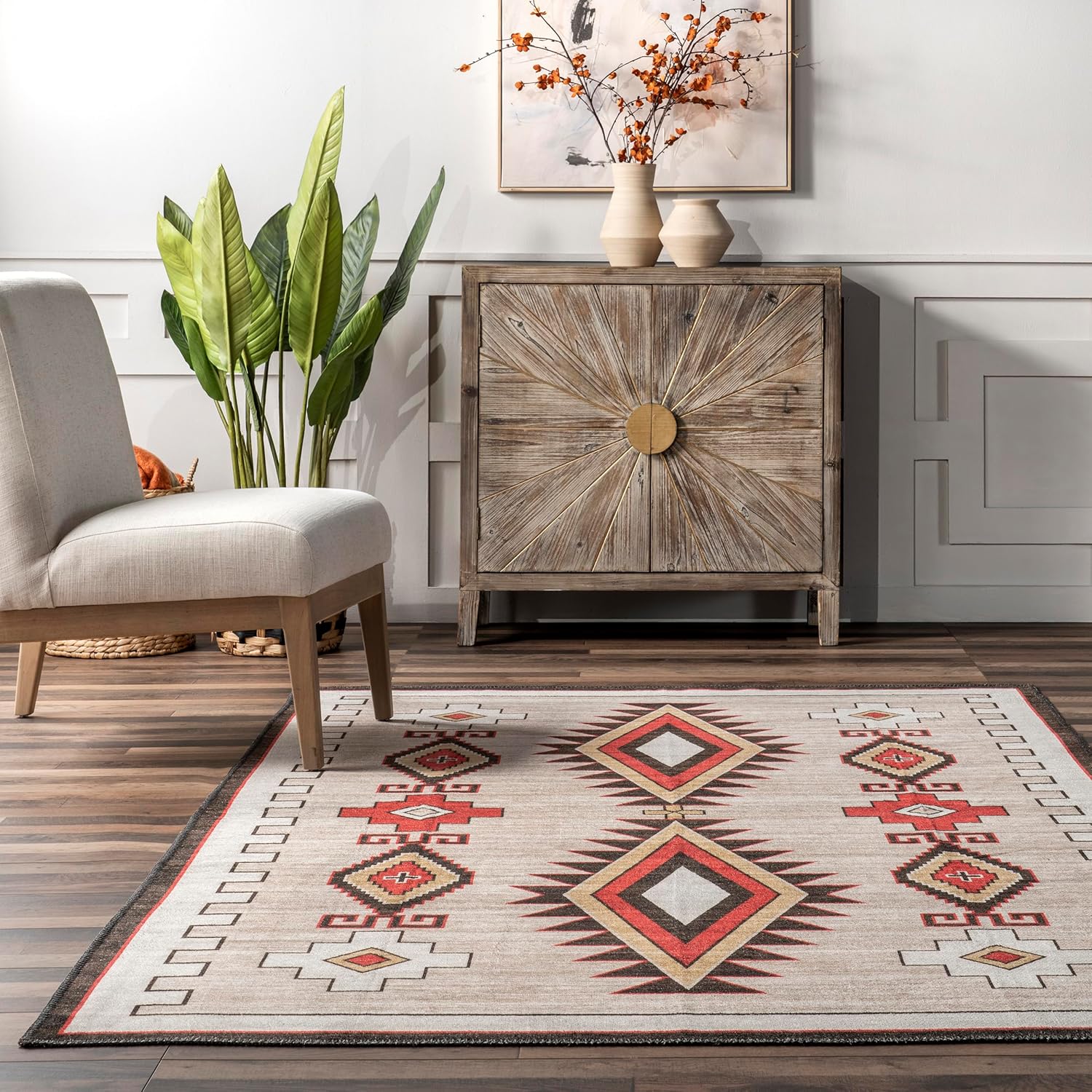 nuLOOM Elora Southwestern – Alfombra lavable a máquina, 5×8, marfil