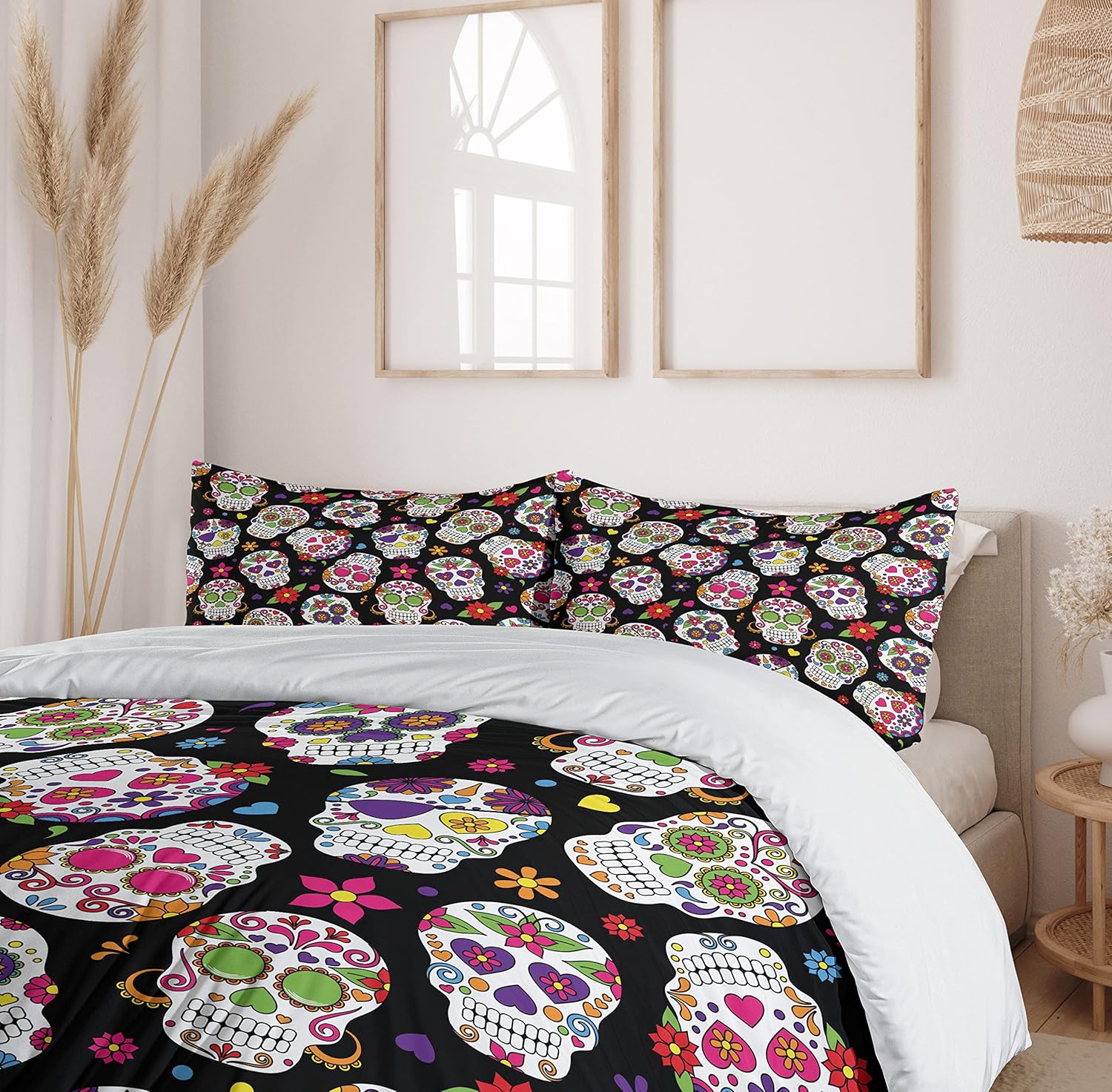 Ambesonne Juego de funda de edredón de calavera de azúcar, diseño de cementerio mexicano sobre fondo negro, juego de ropa de cama decorativo de 2