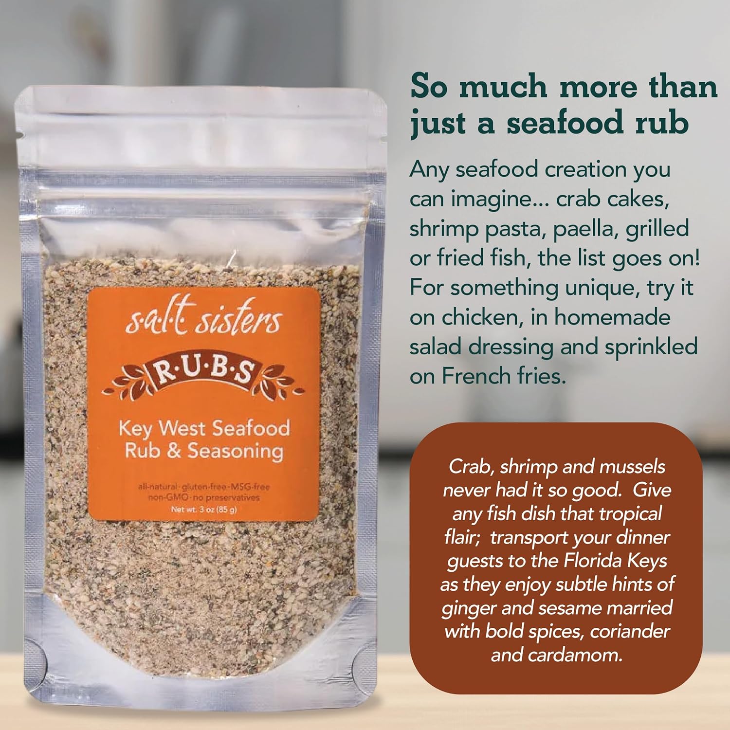 s.a.l.t. sisters Key West Seafood Rub & Seasoning – Base de condimento para barbacoa seca y húmeda – Mezcla de hierbas y especias perfecta para