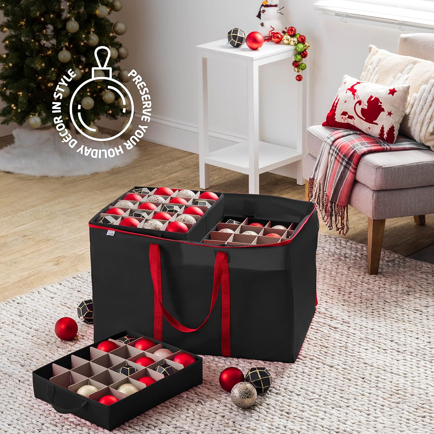 Caja de almacenamiento grande de alta calidad para adornos de Navidad con tapa transparente, compartimento de 3 pulgadas, contiene 10 bandejas,