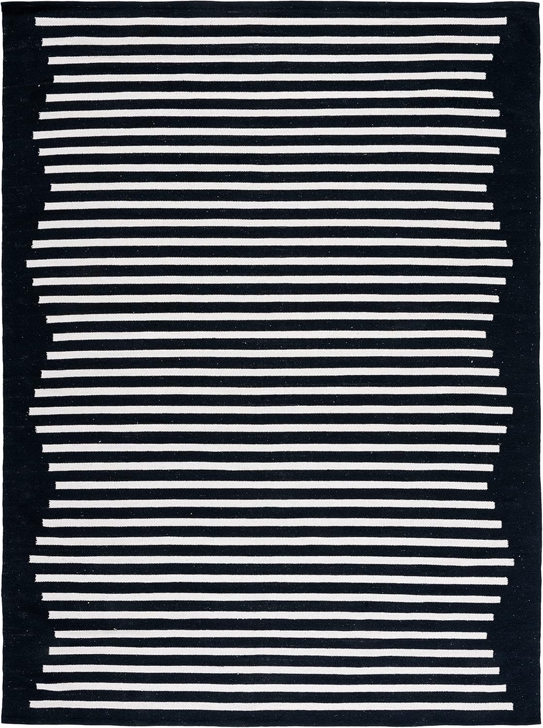 SAFAVIEH Montauk Collection – Alfombra de área de 8 x 10 pies, color negro y marfil, tejido plano bohemio hecho a mano de algodón a rayas modernas,