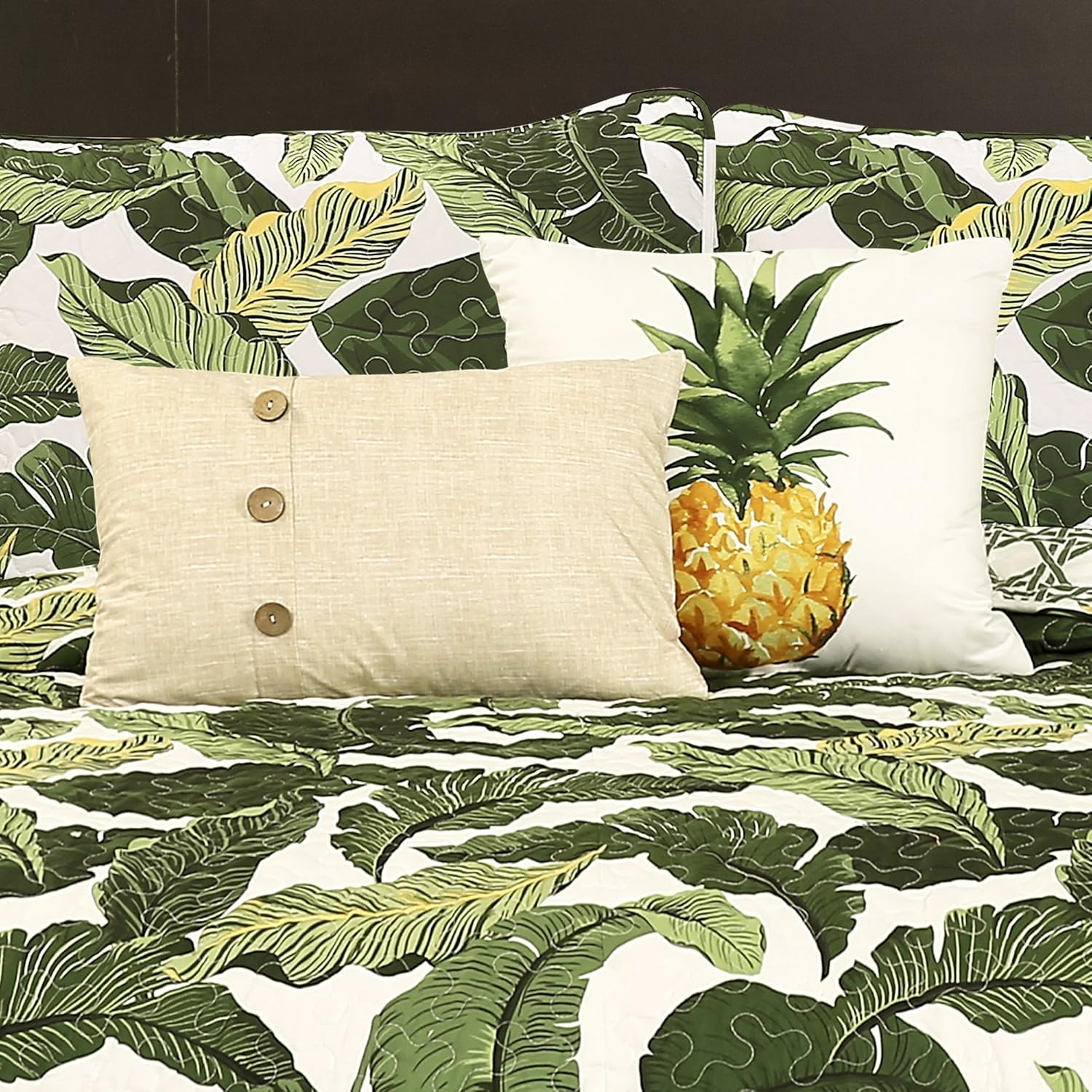 Lush Decor Juego de ropa de cama reversible de 5 piezas con diseño de paraíso tropical verde y hojas de palmera