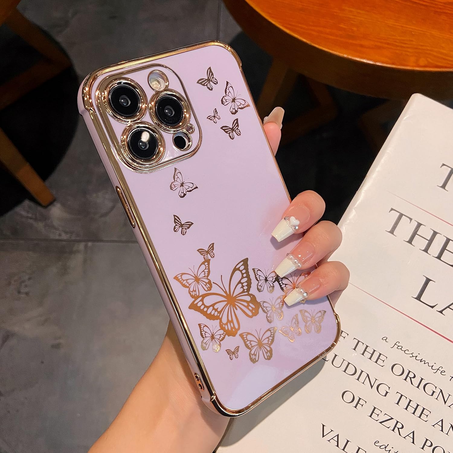 ZTOFERA Funda protectora para iPhone 14 Pro, funda protectora para mujeres, linda mariposa galvanizada, borde dorado, a prueba de golpes, delgada,