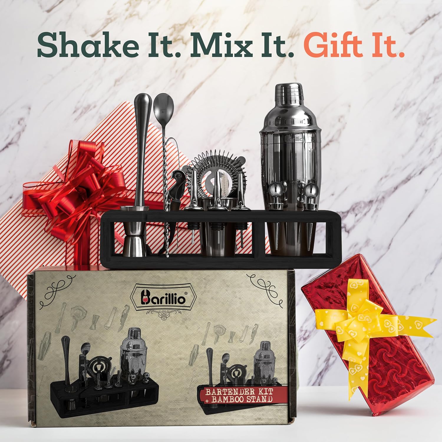 Barillio juego de mezclador de coctelería Black Mixology Bartender Set de mezclador de bebidas con herramientas de barra, mezclador, cuchara