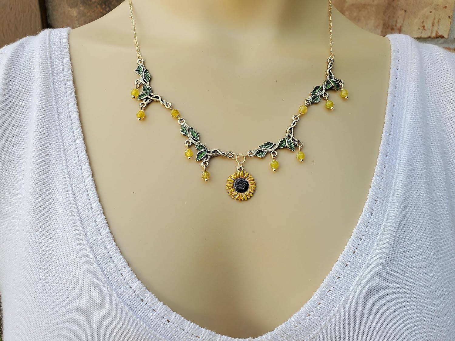 Green Leaf and Sunflower Necklace wAgate Bead Dangle – Hand Painted Sunny, Golden Yellow Flower and Leafy Green Necklace – Nature Colors Jewelry