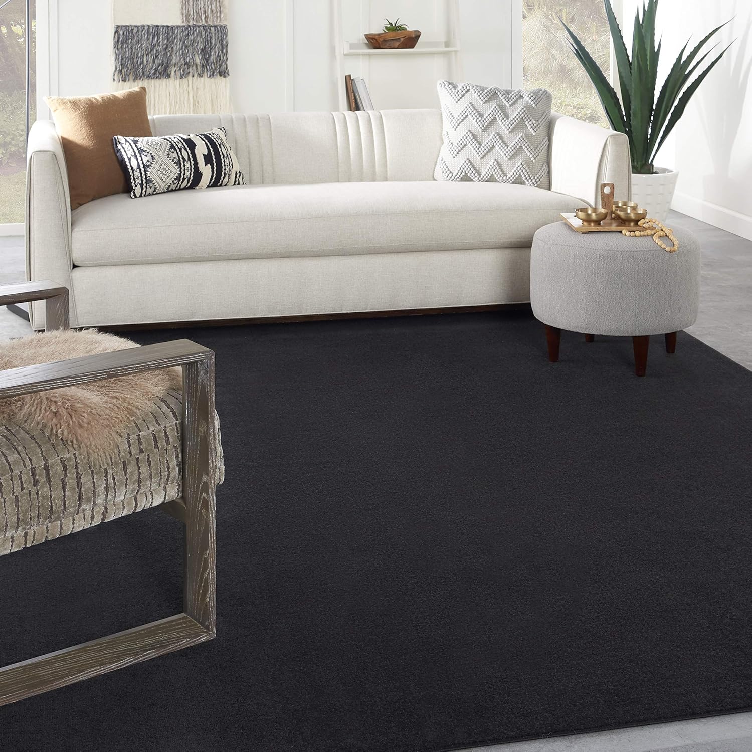 Nourison Essentials Alfombra para interiores o exteriores, negro, 8 x 11 pies, fácil de limpiar, no desprende pelo, para dormitorio, sala, comedor,