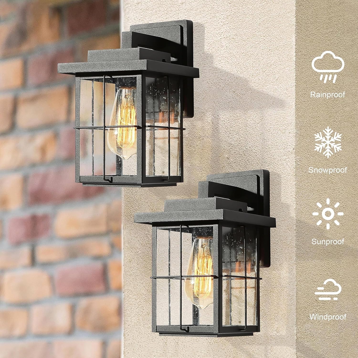 Paquete de 2 lámparas de pared negras para exteriores, apliques de pared exterior de granja con vidrio semillado, linternas modernas impermeables
