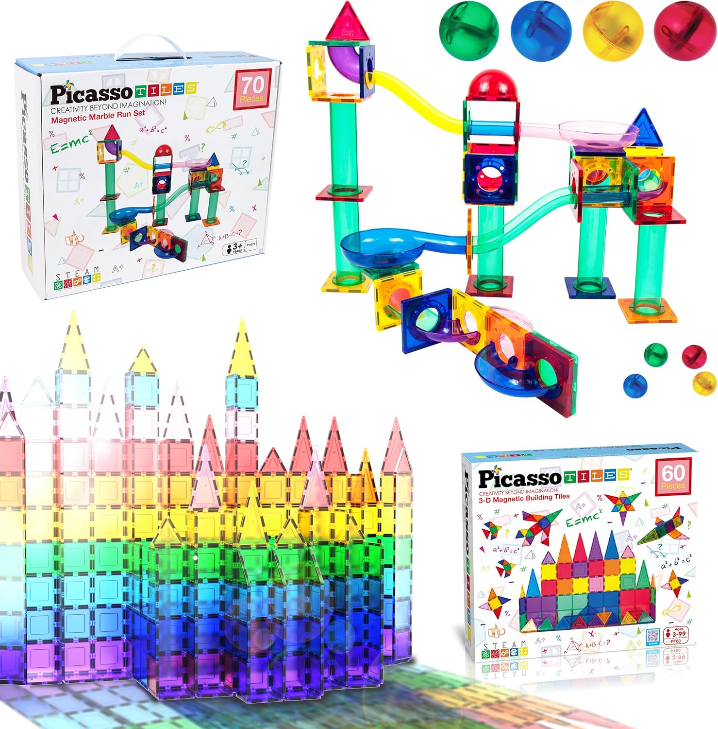PicassoTiles Paquete de 70 piezas de pista de carreras de canicas + 60 azulejos magnéticos, divertido y creativo, juguete sensorial educativo y