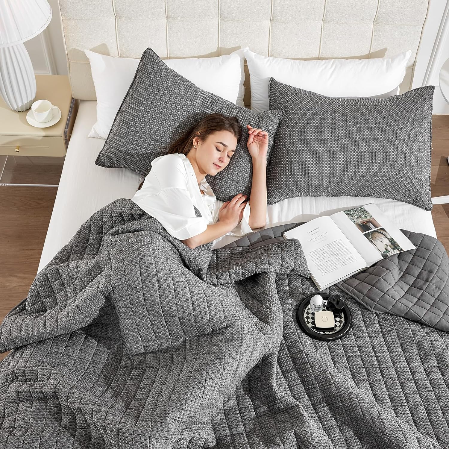 Juego de ropa de cama de tamaño King blanco con fundas de almohada, colcha ligera y suave, manta acolchada fina, para todas las estaciones, verano,