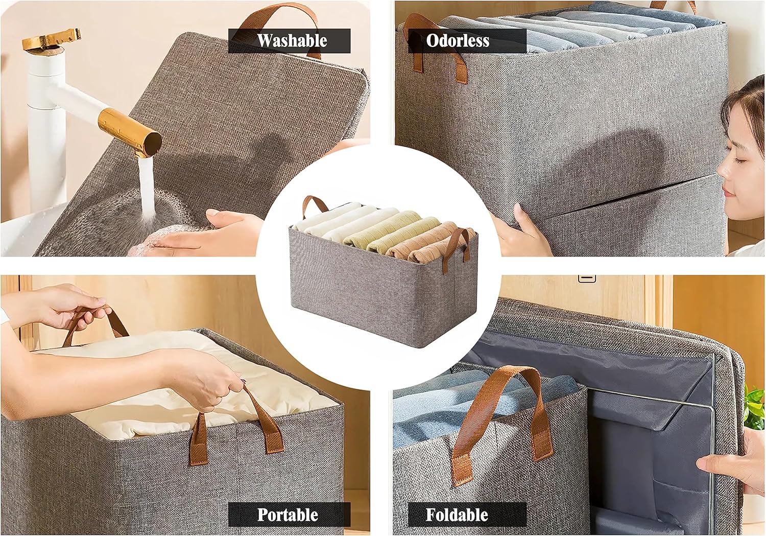 AARAINBOW 4 organizadores de ropa de armario con asa, caja de almacenamiento de tela con marco de acero, cestas de almacenamiento apilables, caja de