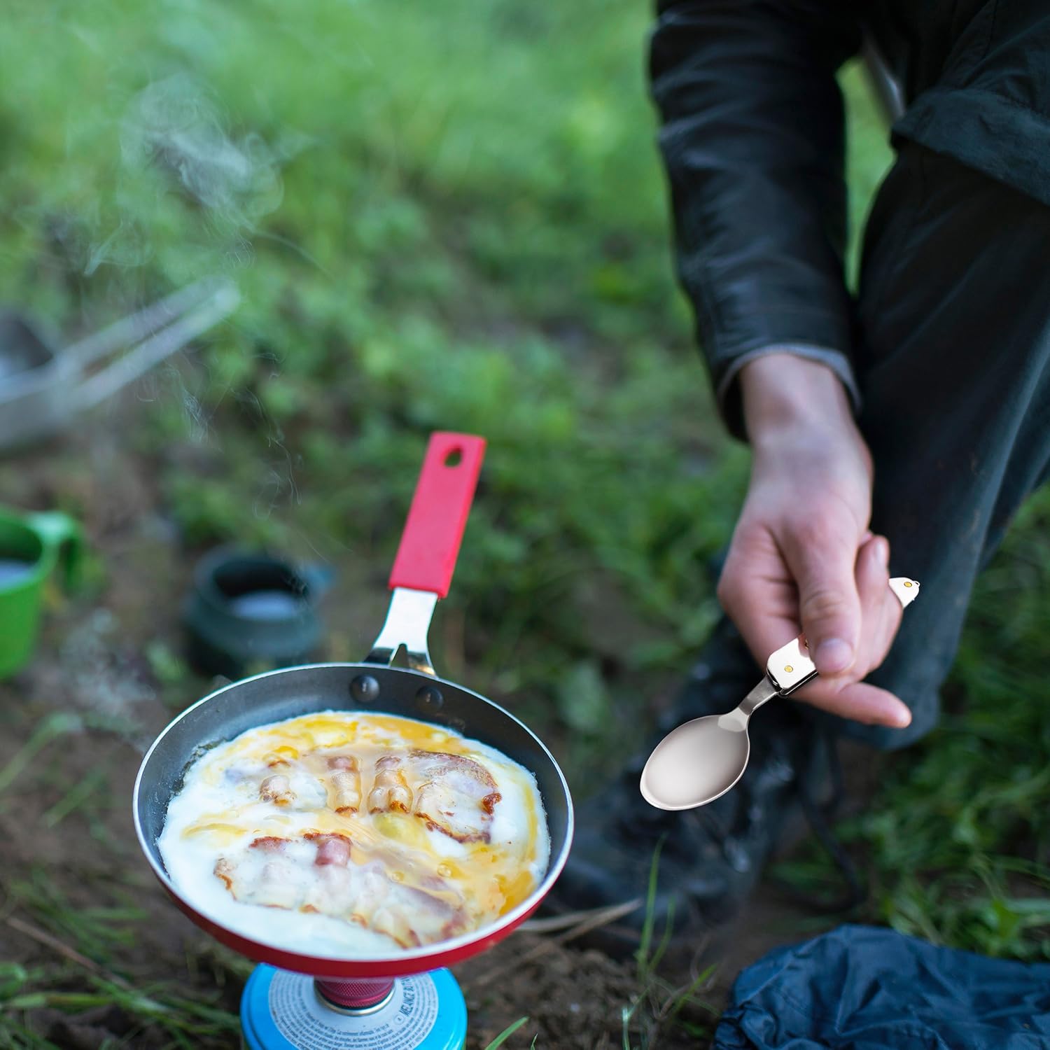 Orblue Utensilios de campamento 4 en 1, paquete de 2, cuchara portátil de acero inoxidable, tenedor, cuchillo y abridor de botellas,