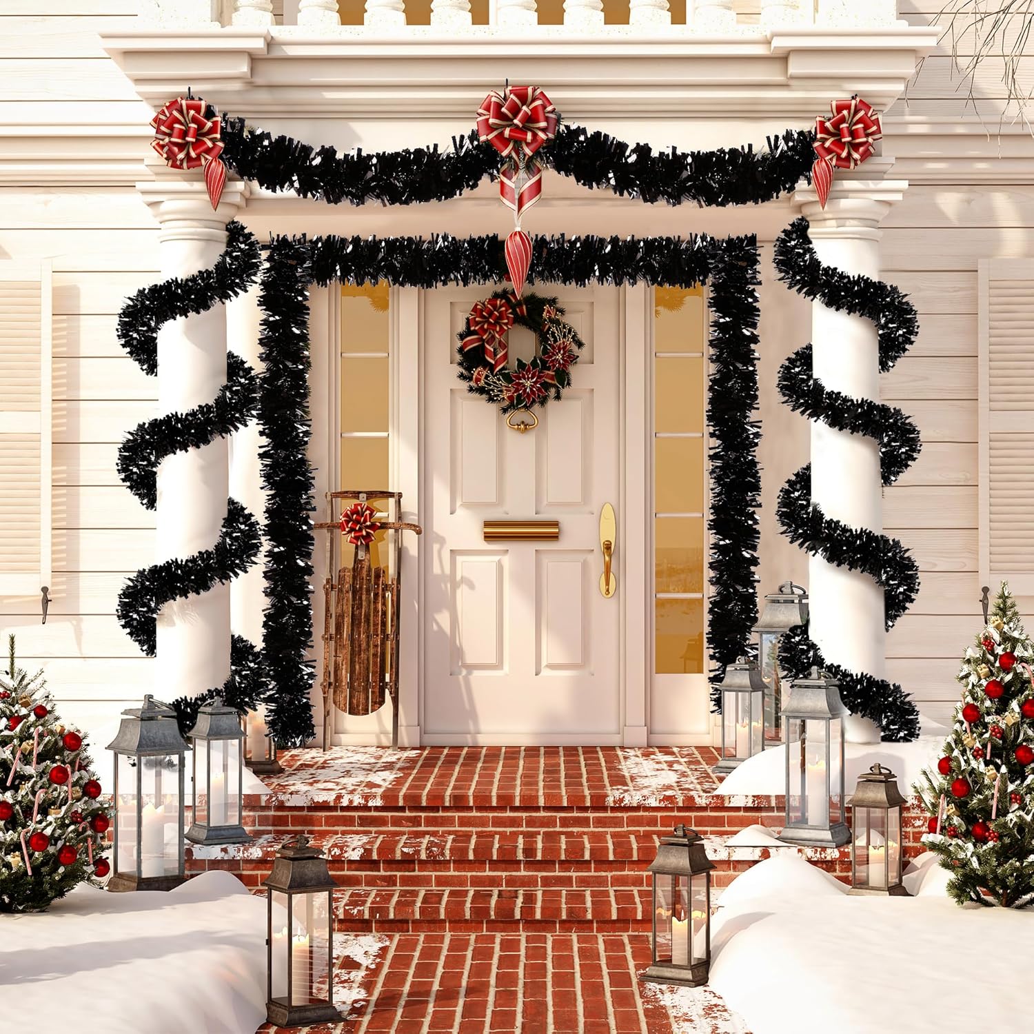 Sggvecsy Guirnalda de oropel negra de Navidad de 49.2 pies, decoración de árbol de Navidad, guirnalda metálica giratoria para colgar en el techo,