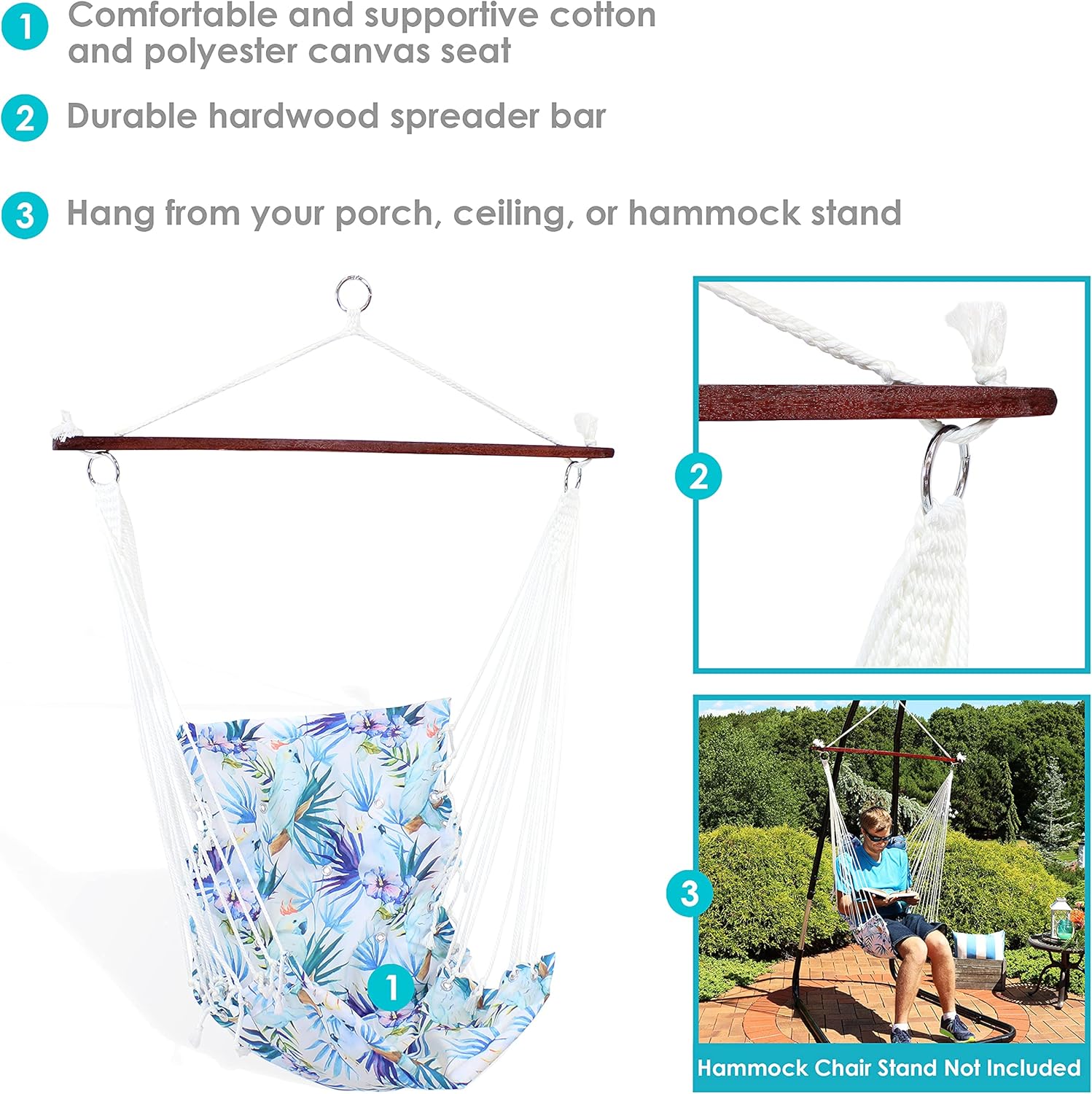 Sunnydaze Hamaca colgante con barra separadora y respaldo acolchado, asiento de silla colgante para patio trasero y patio, capacidad de peso de 300