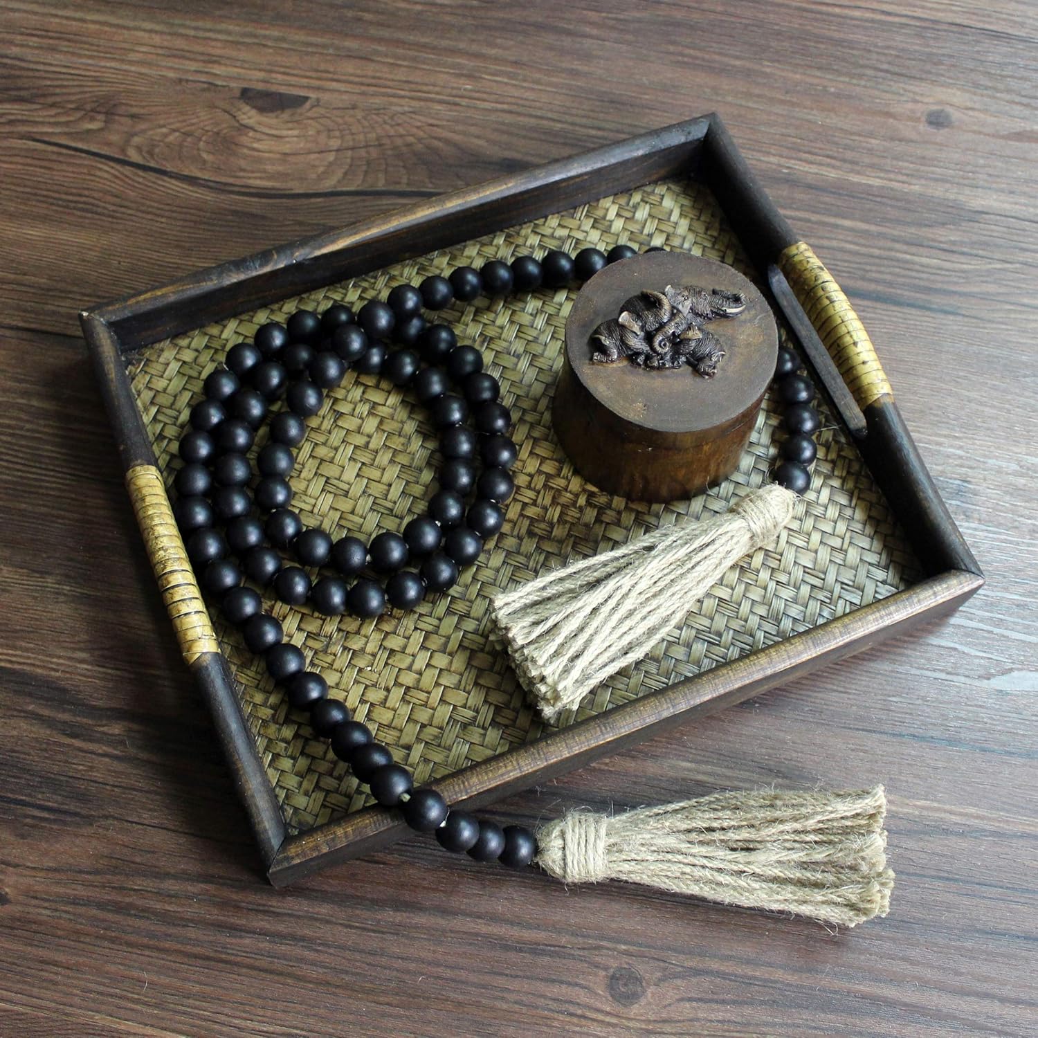 CVHOMEDECO. Guirnalda de cuentas de madera con borlas de madera rústica para decoración de festivales en el hogar, color negro