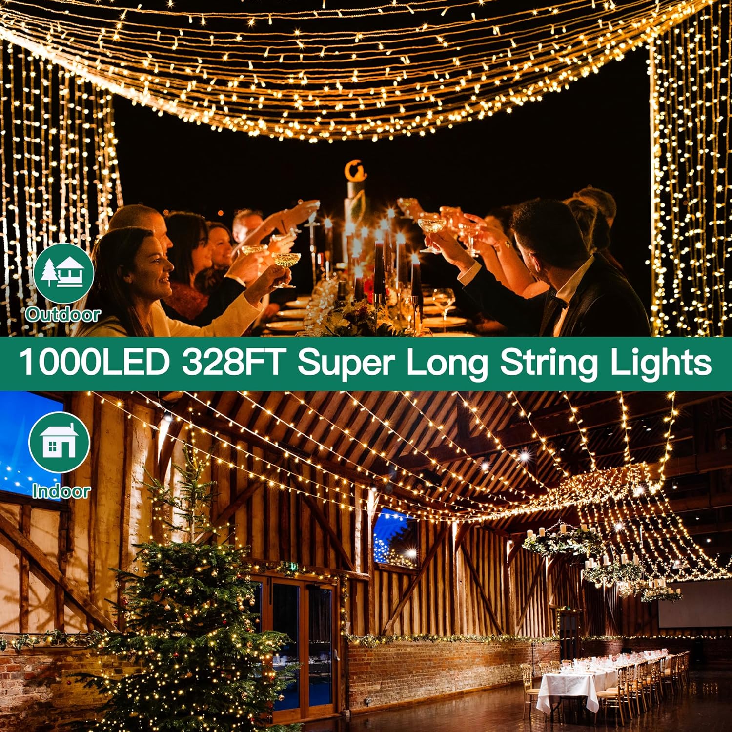 1000 luces LED de Navidad para exteriores, 328 pies, 8 modos, impermeables, con control remoto y temporizador, luces blancas cálidas para bodas,