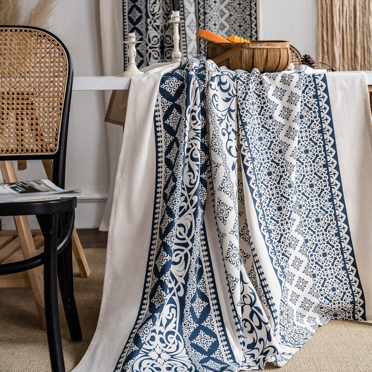 VOGOL Cortinas bohemias con estampado geométrico, 59 x 63 pulgadas, filtrado de luz, lino y algodón, cortinas decorativas para ventana para sala de
