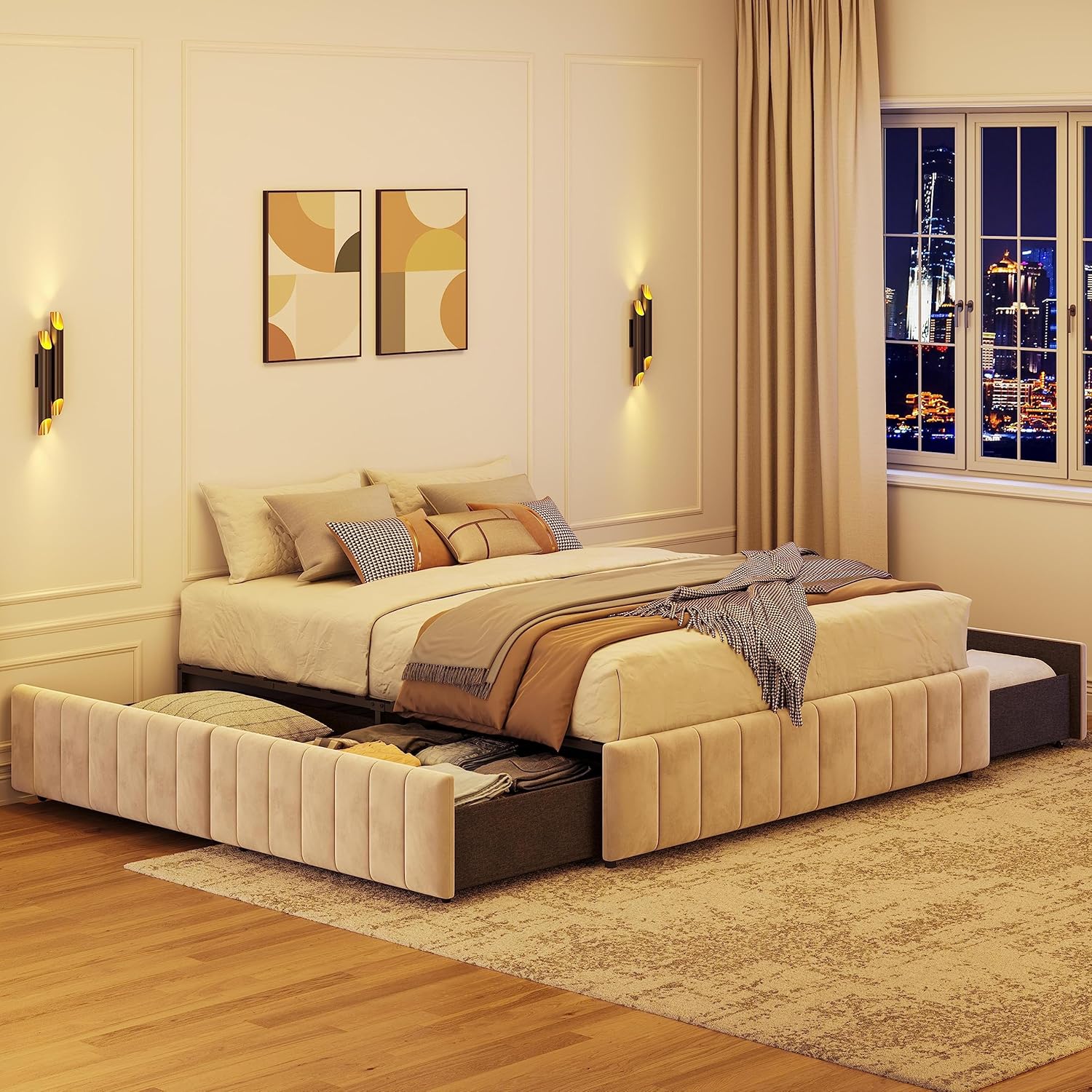 Topeakmart Base de cama tapizada tamaño Queen con 4 cajones, plataforma de almacenamiento con listones de madera, base de colchón, no incluye