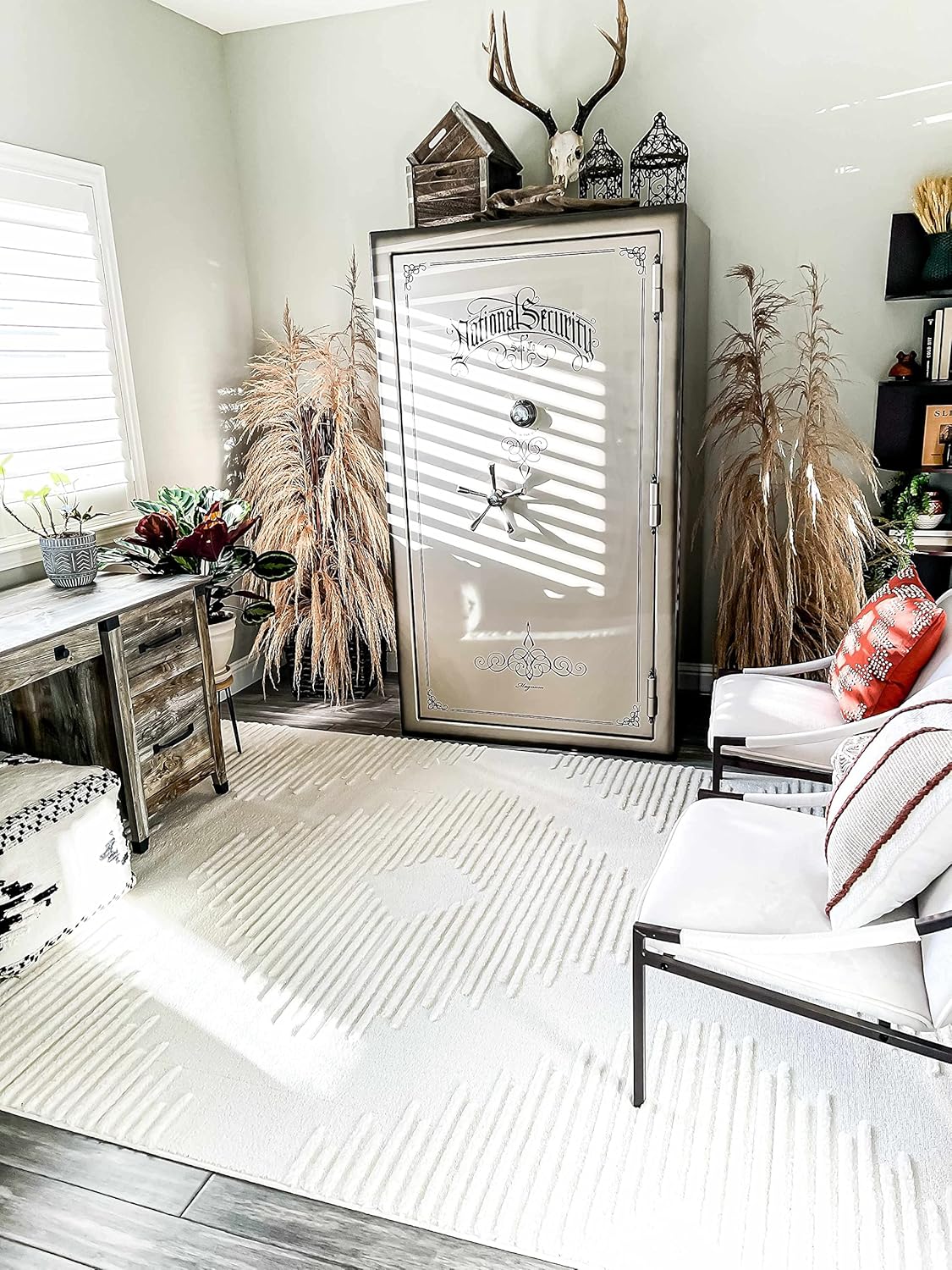 Hauteloom Noah Palimbang – Alfombra suave de pelo largo neutro para sala de estar, dormitorio, pelo de felpa alta y baja, estilo bohemio de granja,