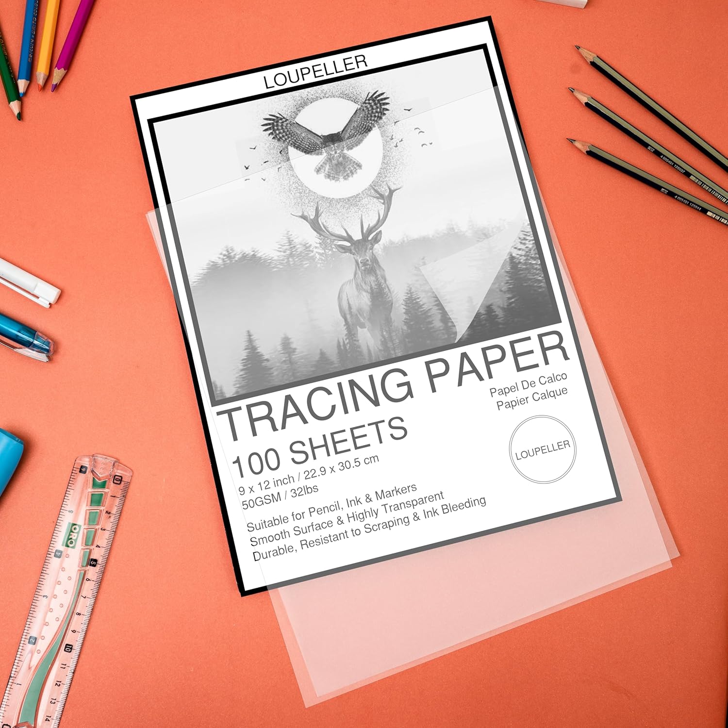 LOUPELLER Papel de calco para dibujar 100 hojas, 9 x 12 pulgadas, 32 libras, bloc de papel de calco altamente transparente, sin arrugas, funciona