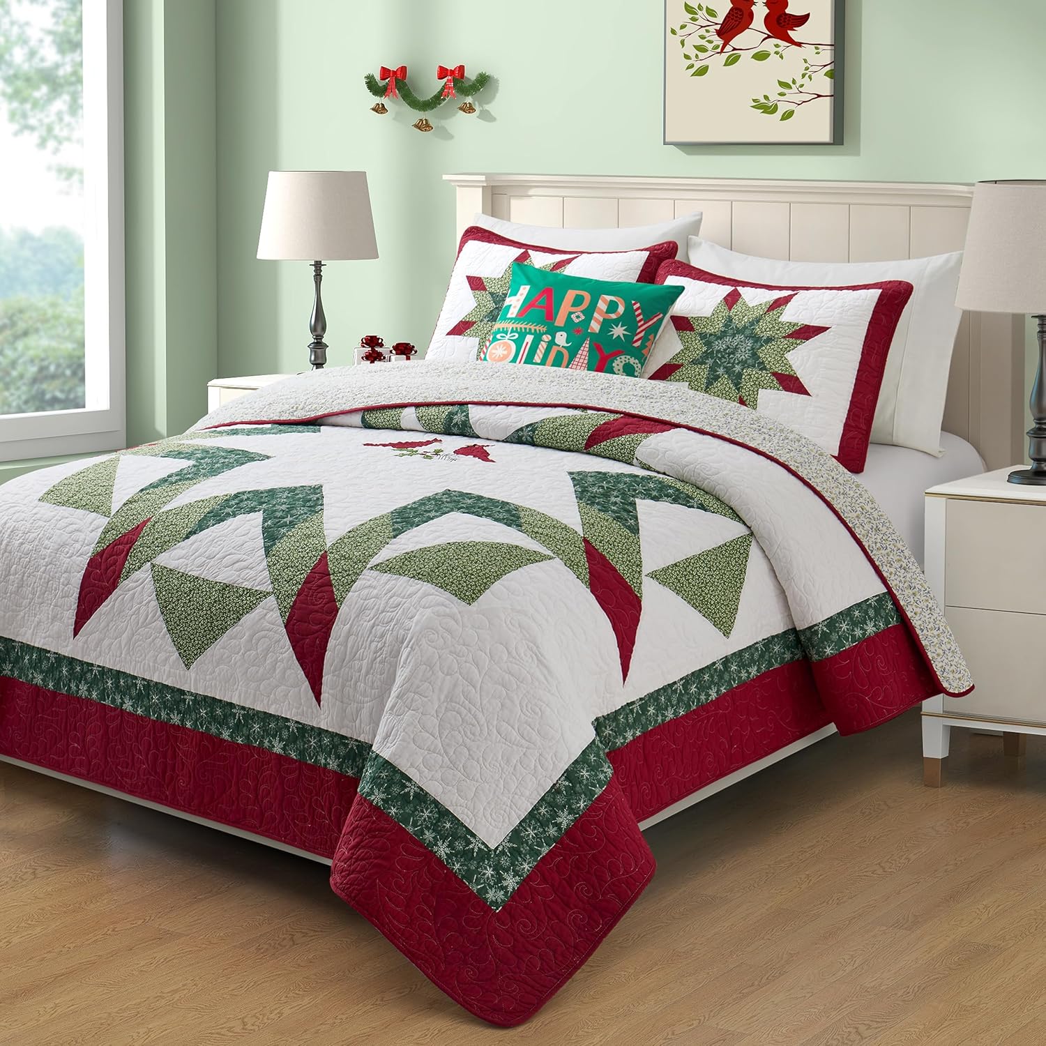 NELIFDER Juego de edredón de Navidad, tamaño Queen, 100% algodón, diseño de copo de nieve rojo, pájaro blanco, diseño de copos de nieve, diseño de