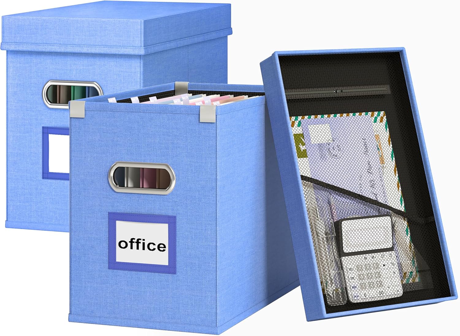 Huolewa Juego de 2 cajas de archivos colgantes organizadoras, cajas organizadoras de archivos con bolsillo de malla para archivos y carpetas tamaño