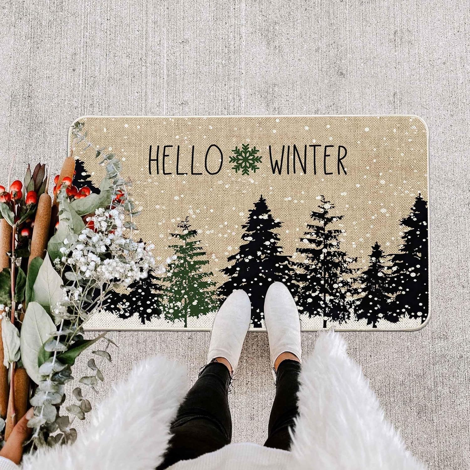 Tapete de árbol negro de Navidad, tapete para puerta de invierno, bosque frío, copos de nieve, tapete delantero de bajo perfil, tapete de Navidad