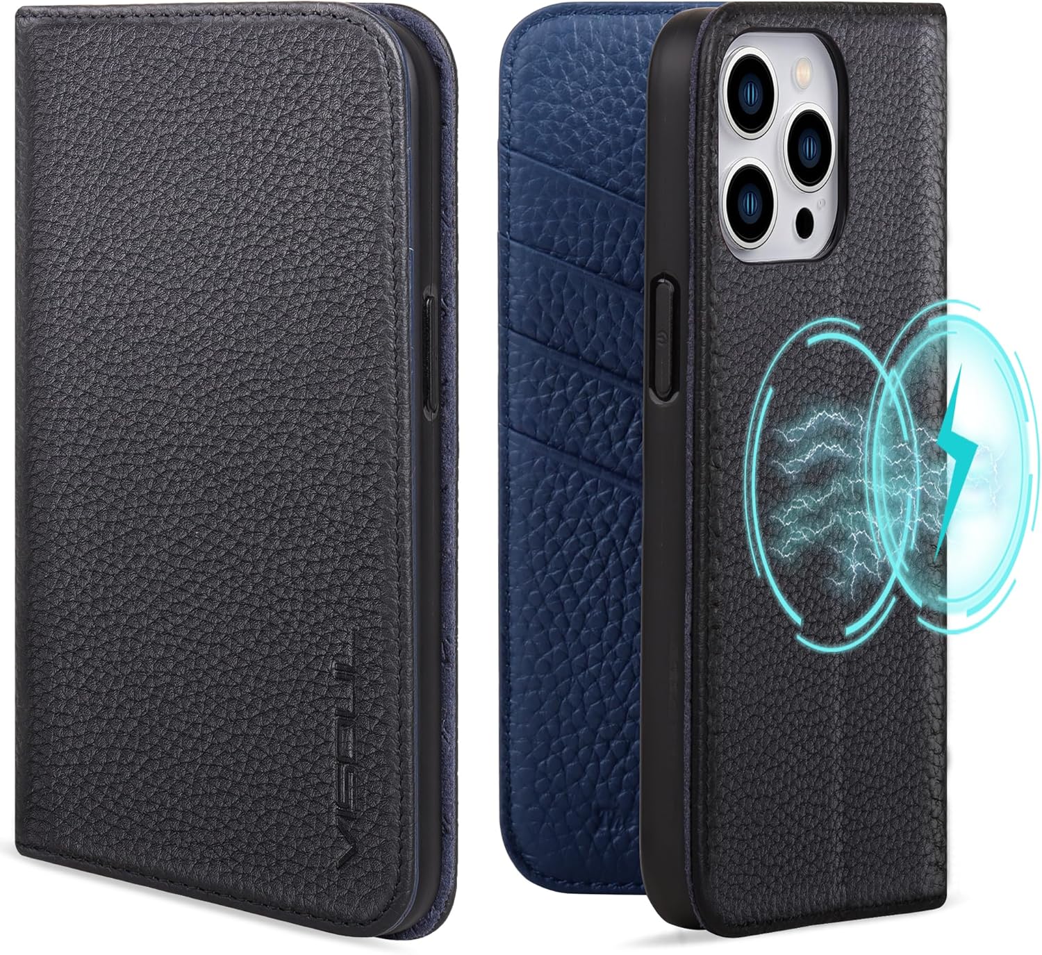 VISOUL Pebbled – Funda de piel auténtica para iPhone 15 Pro Max, funda tipo cartera con MagSafe y soporte para tarjetas, funda magnética con función