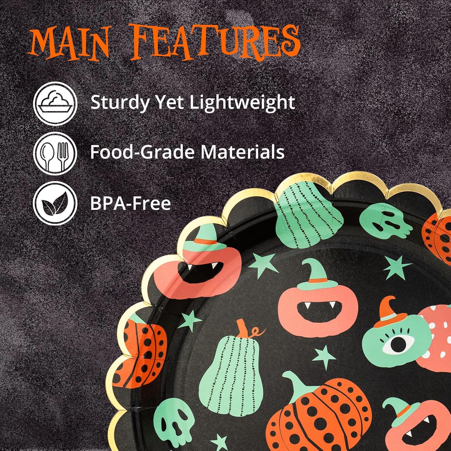 Platos de papel de Halloween, 50 platos desechables para cena de Halloween, festoneados, suministros de fiesta, calabazas funky, negro