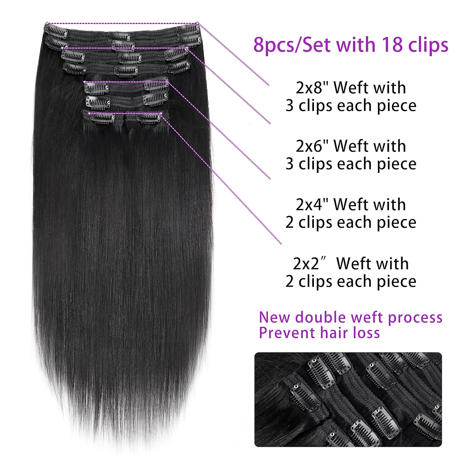 Mihugass Yaki – Extensiones de cabello lacio con clip para mujeres negras, 100% sin procesar, cabello virgen brasileño con clip para cabeza