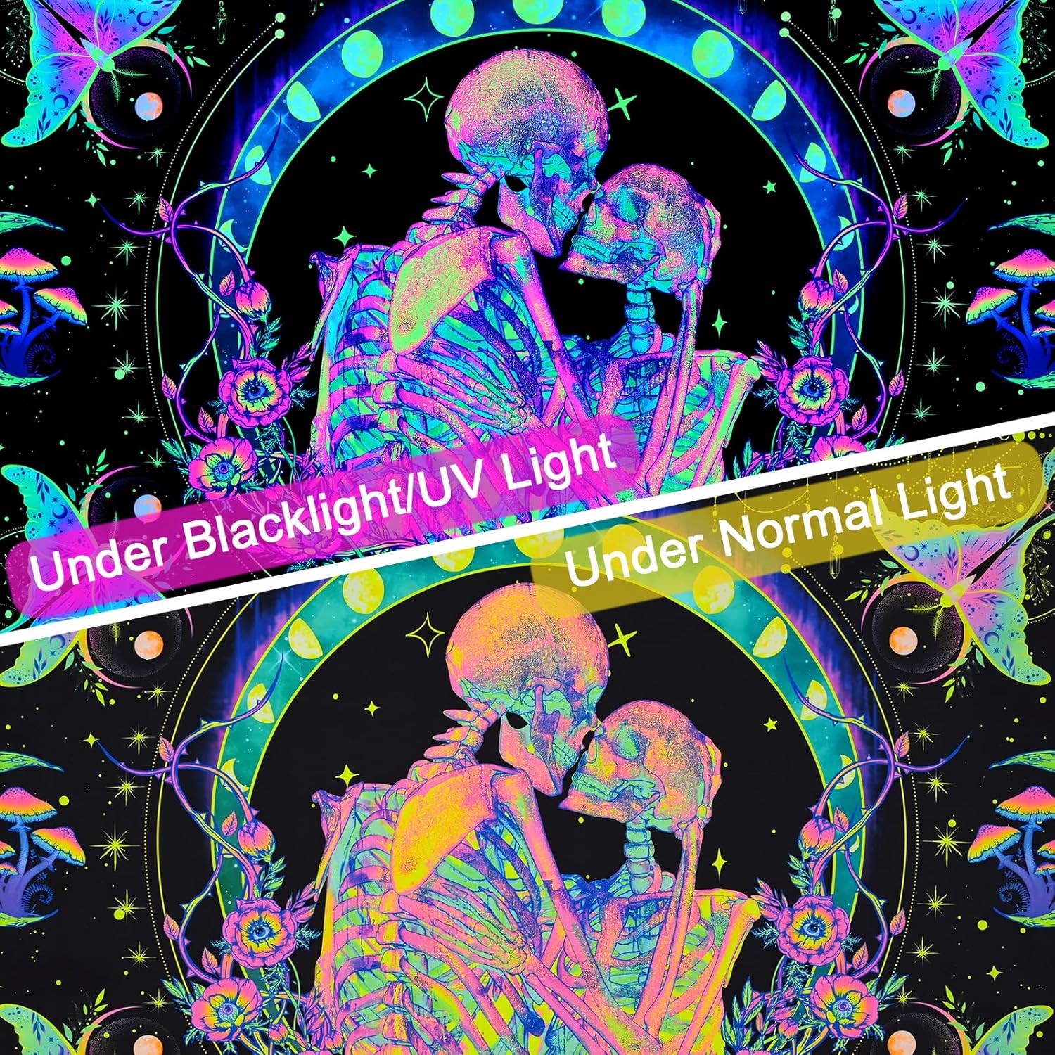 Uspring Tapiz de calavera de luz negra, tapices de fases lunares, tapiz hippie con mandala, polilla UV, tapiz para amantes de esqueletos, tapiz para