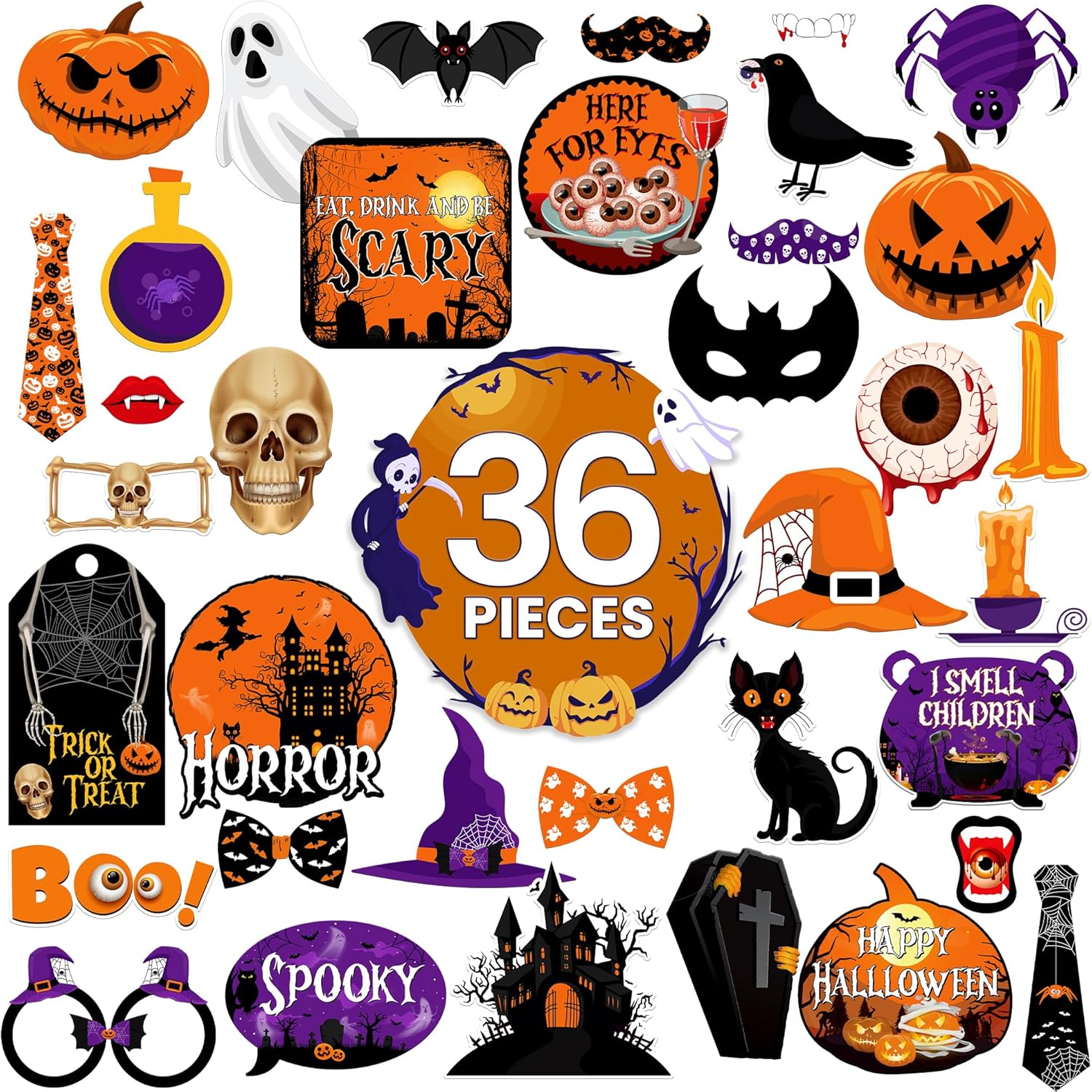 KatchOn, Accesorios aterradores para cabina de fotos de Halloween, paquete enorme de 36  Accesorios para fotos de Halloween  Accesorios de cabina de