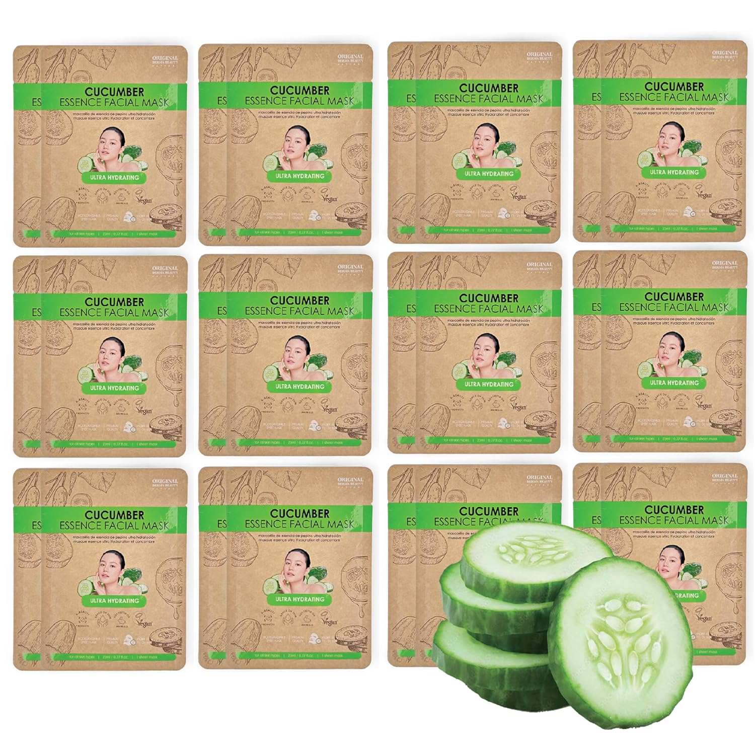 24PK – Mascarillas faciales de esencia de pepino para el cuidado de la piel, mascarilla facial coreana para el cuidado de la piel