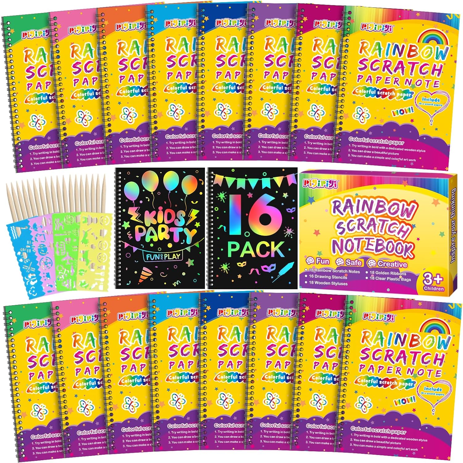 pigipigi Paquete de 16 piezas de papel para rascar, libro de notas de arco iris, para colorear mágico, suministros de papel para manualidades para
