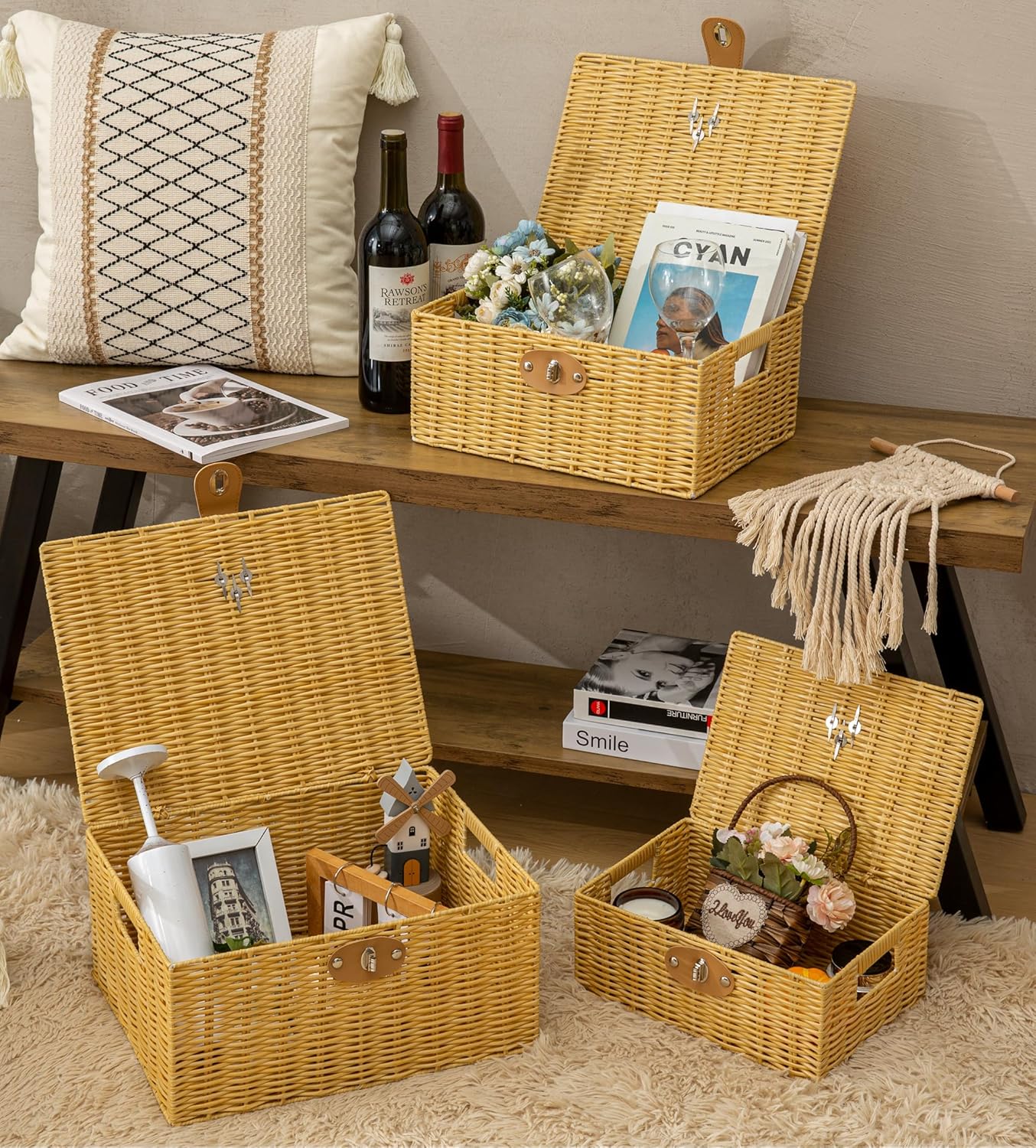 Homepeaz Cestas de almacenamiento de mimbre con tapas, juego de 3 cajas de almacenamiento decorativas para organizar, cestas tejidas con cerradura