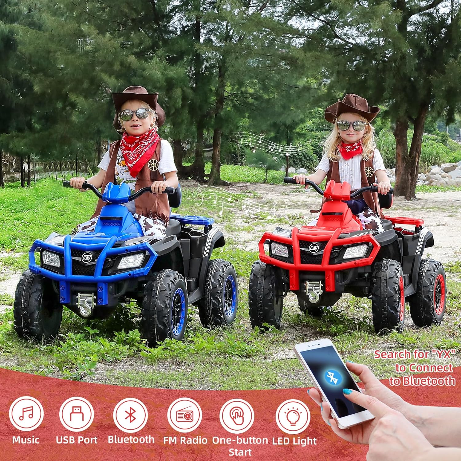 ELEMARA ATV para niños de 2 plazas, vehículo eléctrico de 4 ruedas con batería de 10 AH, 4 mph, 2 puertos de carga, Bluetooth, faros LED, música,